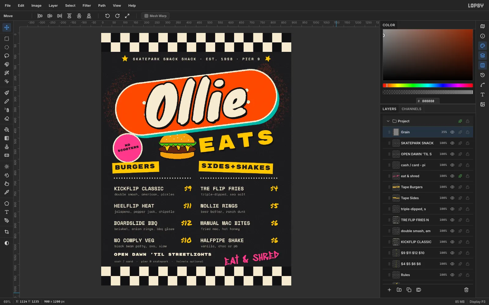 The finished Ollie Eats skate menu in Lopsy with the guides hidden