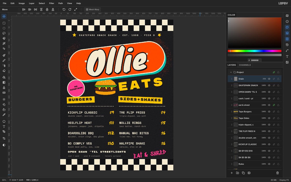 Lopsy showing the finished Ollie Eats skate menu, with a tilted orange skateboard deck logo, a burger next to yellow EATS lettering, taped section headers, two menu columns with yellow prices and checkerboard bands top and bottom