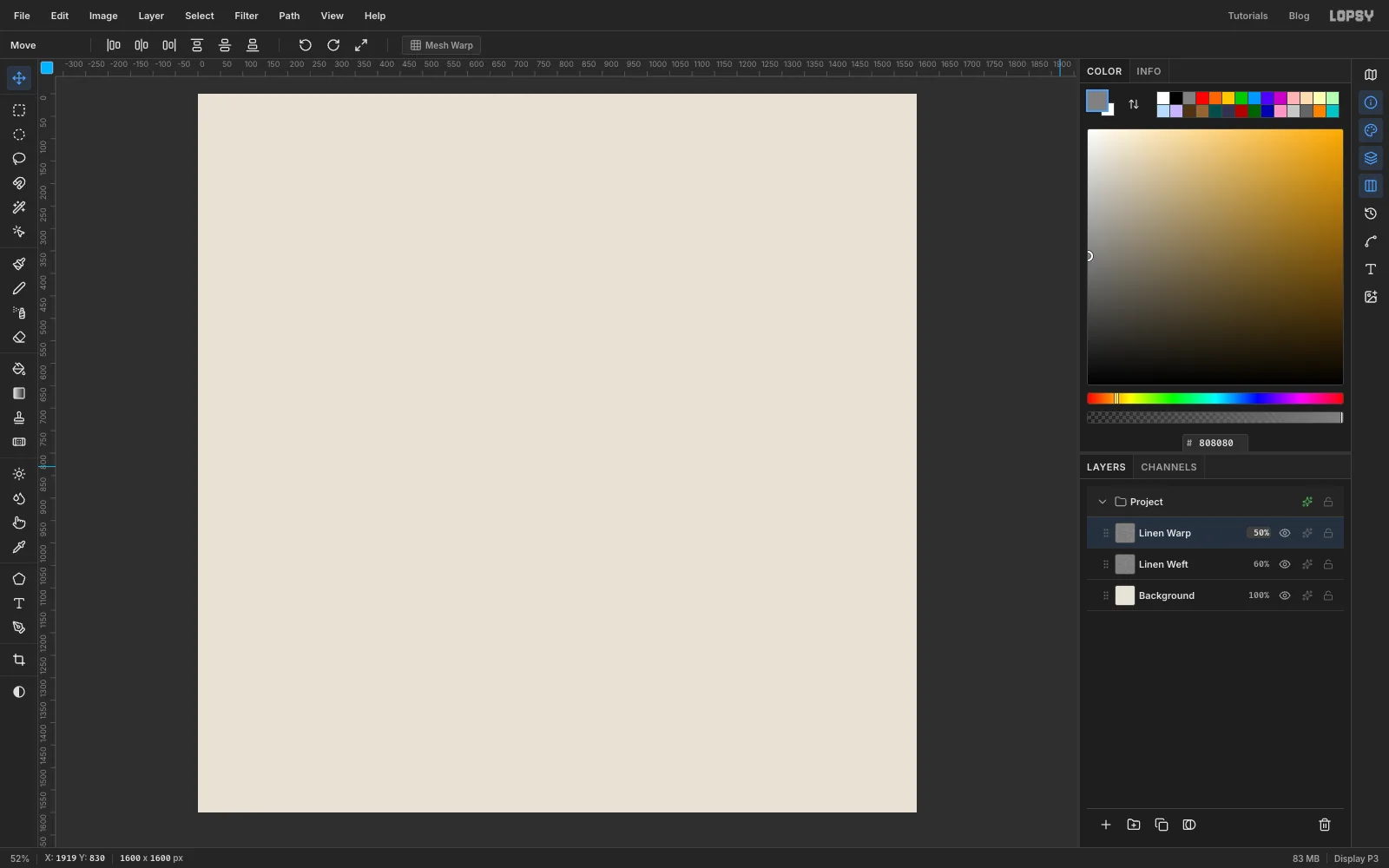 A 1600 by 1600 canvas filled with warm linen, with two grey noise layers set to Overlay giving it a fine woven texture