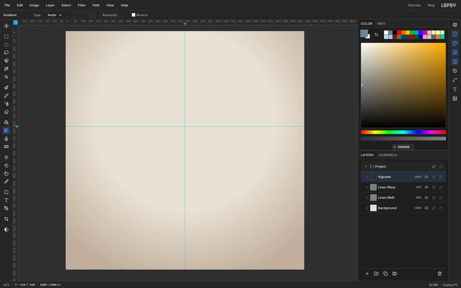 A vertical guide through the middle of the canvas and a horizontal guide 640 px from the top, crossing where the icon will be centred