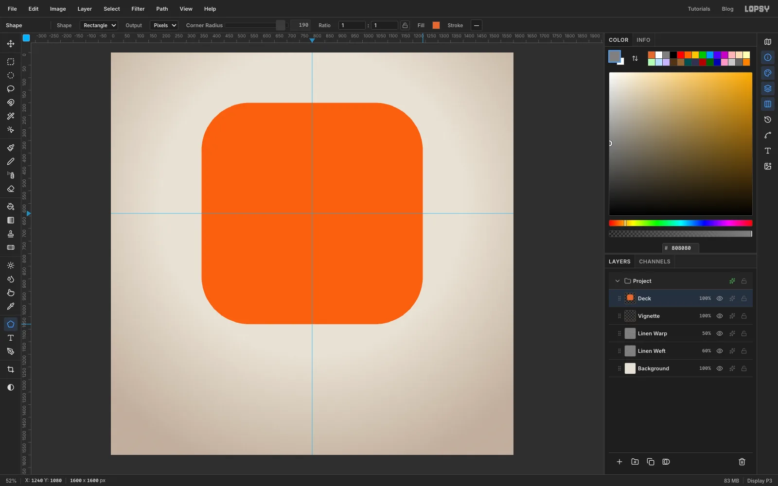 An 880 px rounded square in flat tangerine drawn out from the guide crossing