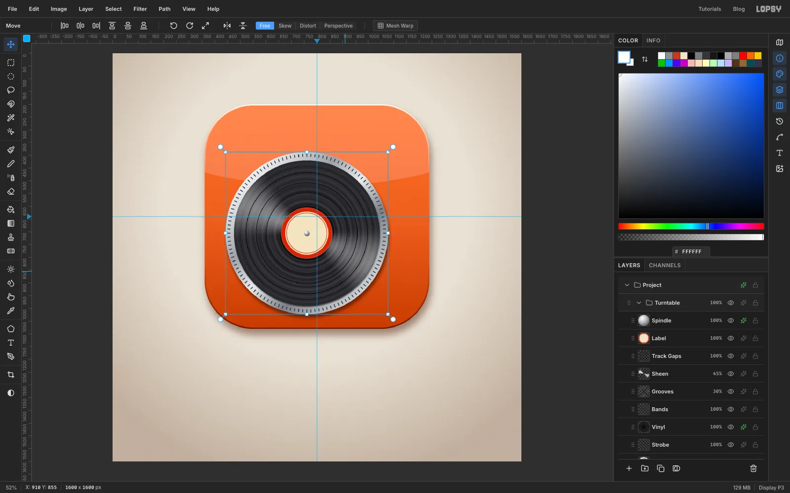 The Turntable group selected with the Move tool and being dragged down and to the left as one piece