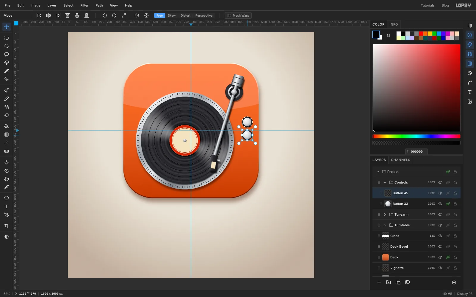 A pasted copy of the button being dragged straight down the column with the Move tool