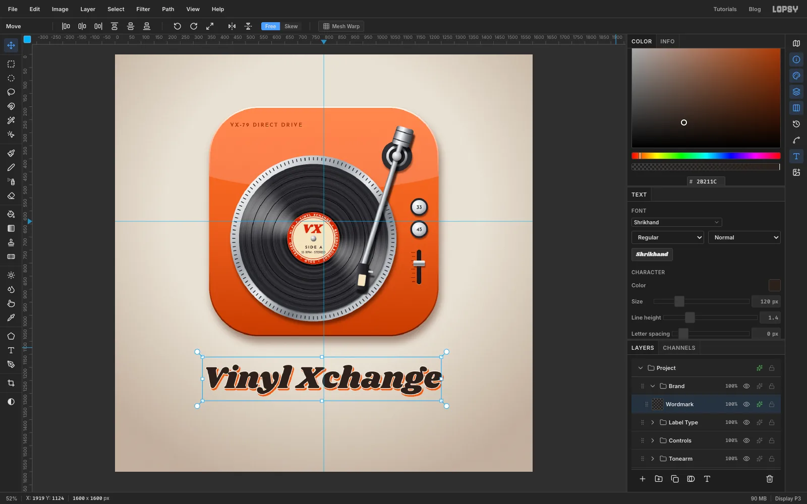 Vinyl Xchange in heavy charcoal italic below the tile, with a thin cream keyline and a tangerine offset shadow