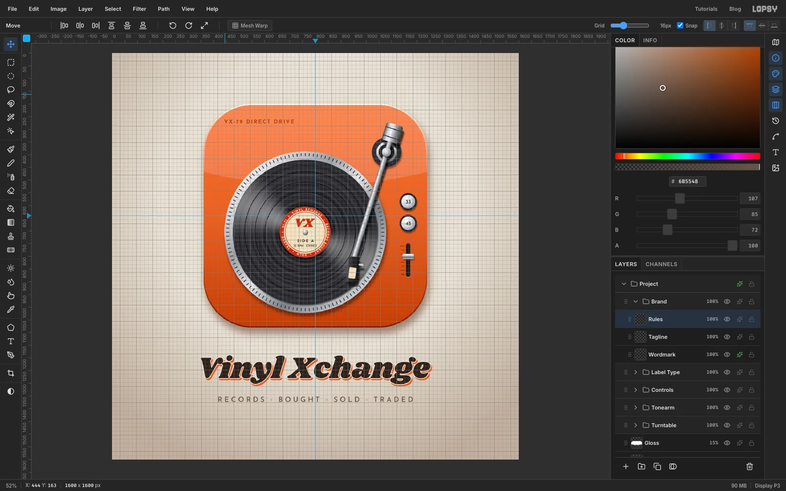 RECORDS · BOUGHT · SOLD · TRADED in spaced brown capitals under the wordmark, with the grid showing