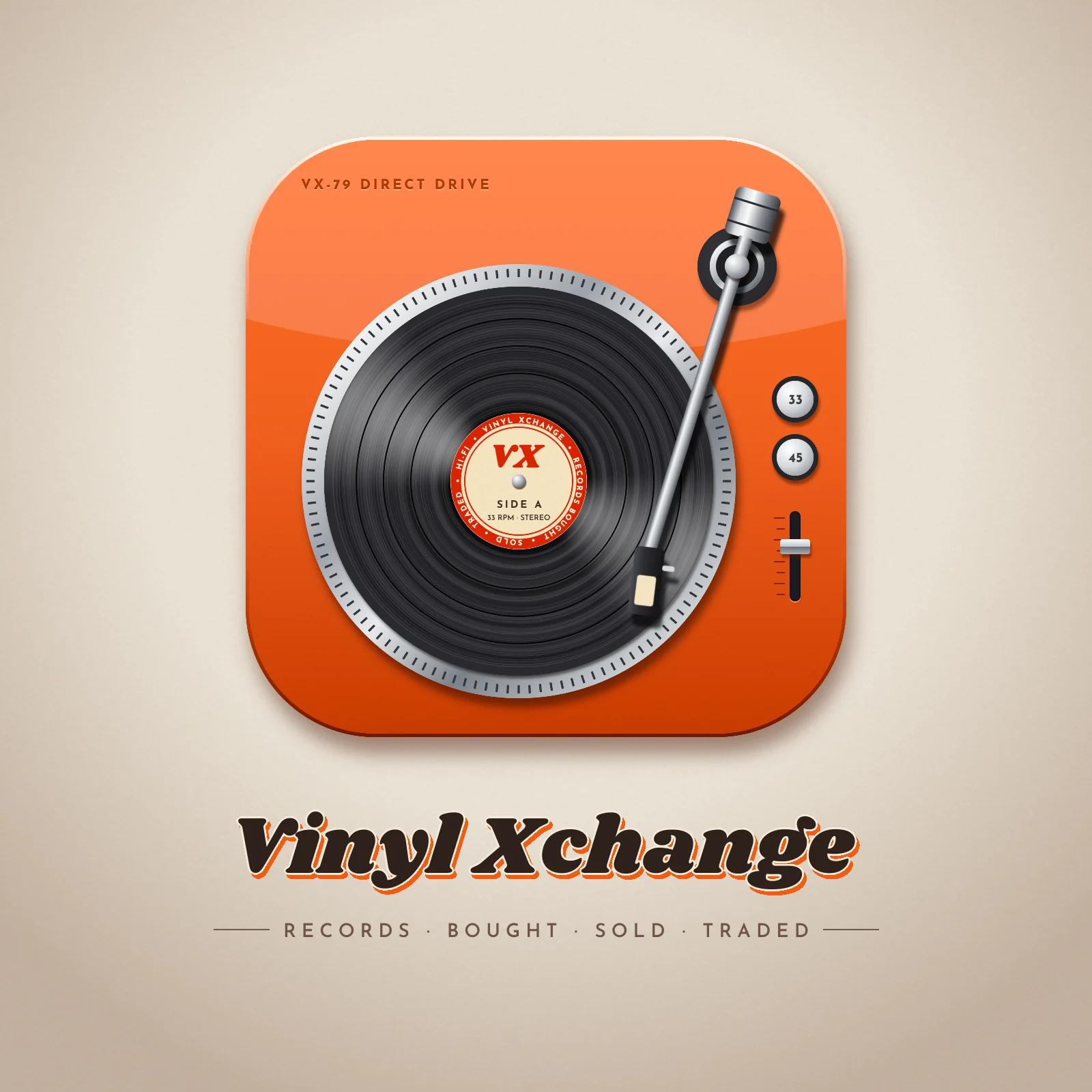 The finished Vinyl Xchange logo on warm linen. A rounded-square tile in glossy tangerine lacquer shows a turntable from above. A black record with fine grooves and a soft bow-tie shine sits on a chrome platter ringed with strobe marks. The cream label has a red VX monogram, SIDE A and 33 RPM · STEREO, with VINYL XCHANGE and RECORDS BOUGHT · SOLD · TRADED · HI-FI running around a red band. A chrome tonearm with a counterweight swings in from the top right corner, and two chrome 33 and 45 buttons and a pitch slider stand on the right. VX-79 DIRECT DRIVE is pressed into the top left. Below, Vinyl Xchange is set in heavy charcoal italic with a tangerine offset shadow, over RECORDS · BOUGHT · SOLD · TRADED between two short rules
