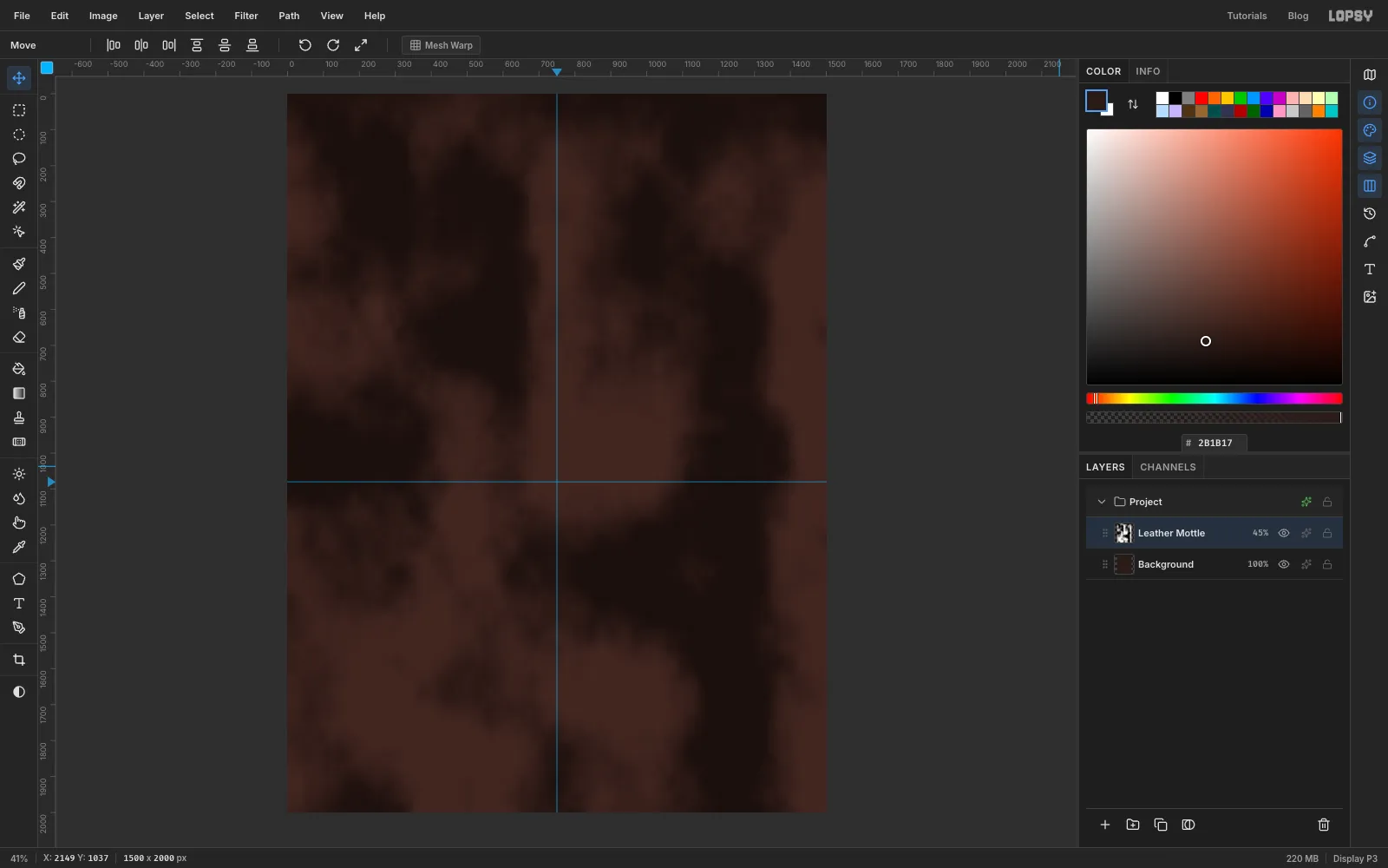 The canvas filled with dark oxblood brown and soft cloudy mottling