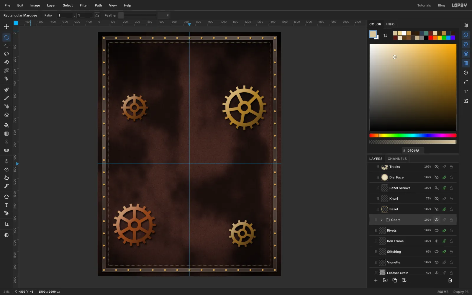 Four shaded metal gears on the leather: copper at the top left and bottom left, brass at the top right and a smaller brass one at the bottom right