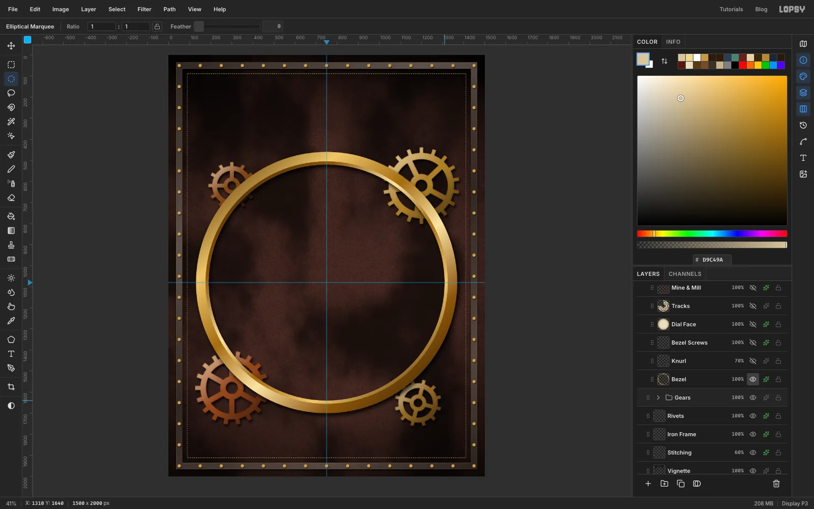 A polished brass ring with light and dark bands sweeping across it, casting a soft shadow on the leather