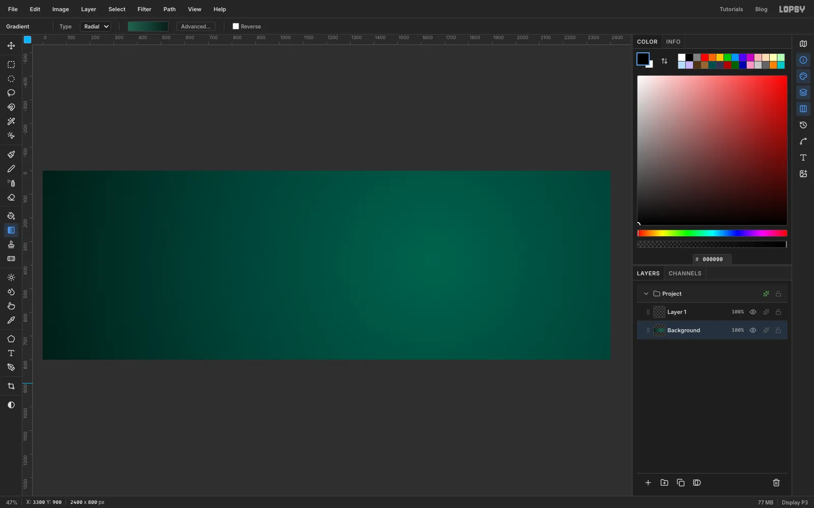 A 2400 by 800 pixel Lopsy canvas filled with a radial gradient, lighter teal-green toward the right and almost black-green at the left edge