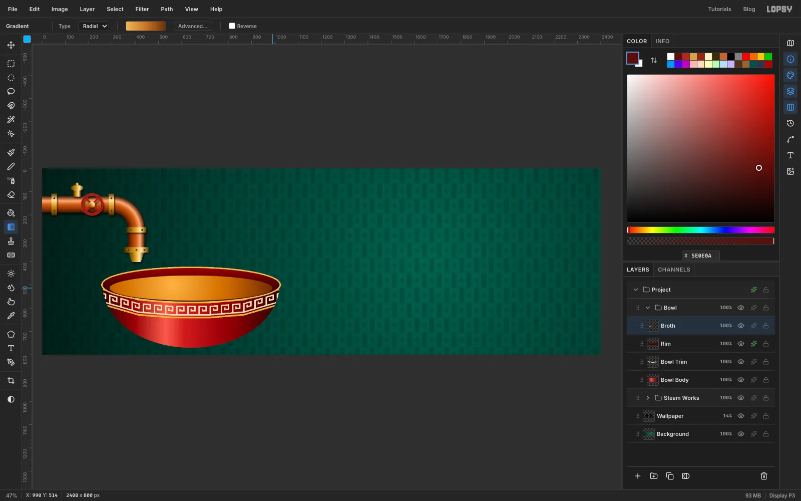 The bowl with a dark red inner wall, a gold lip around the rim and a pool of golden amber broth inside