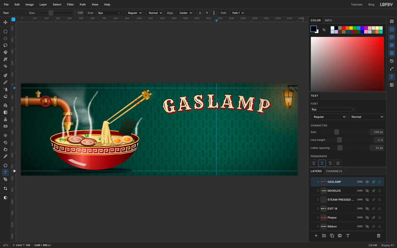 GASLAMP in cream Rye letters with a red shadow curving along a gentle arch, with the Text options bar showing Path 1 selected