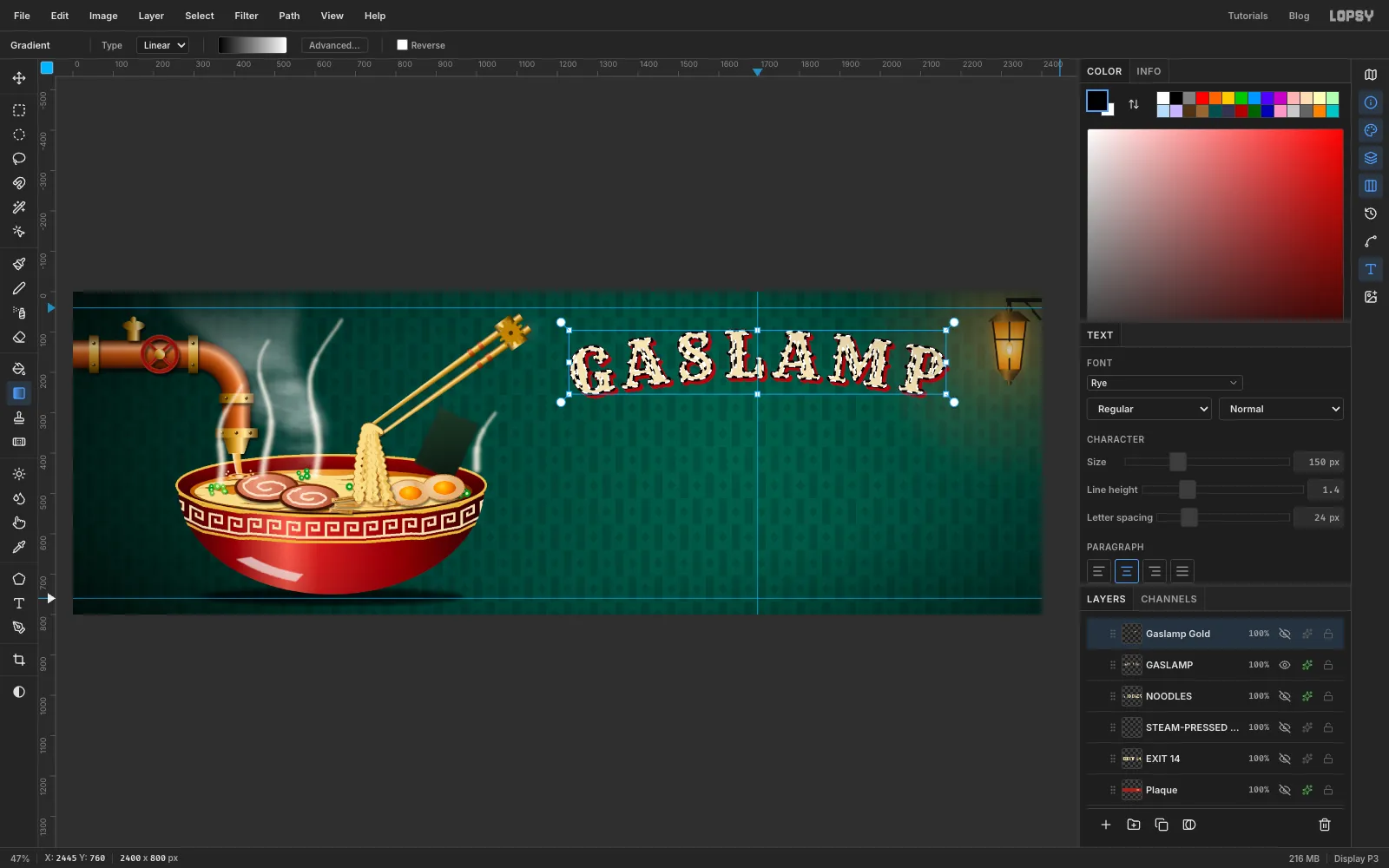 The GASLAMP letters selected with marching ants, ready to receive a gold gradient on the Gaslamp Gold layer