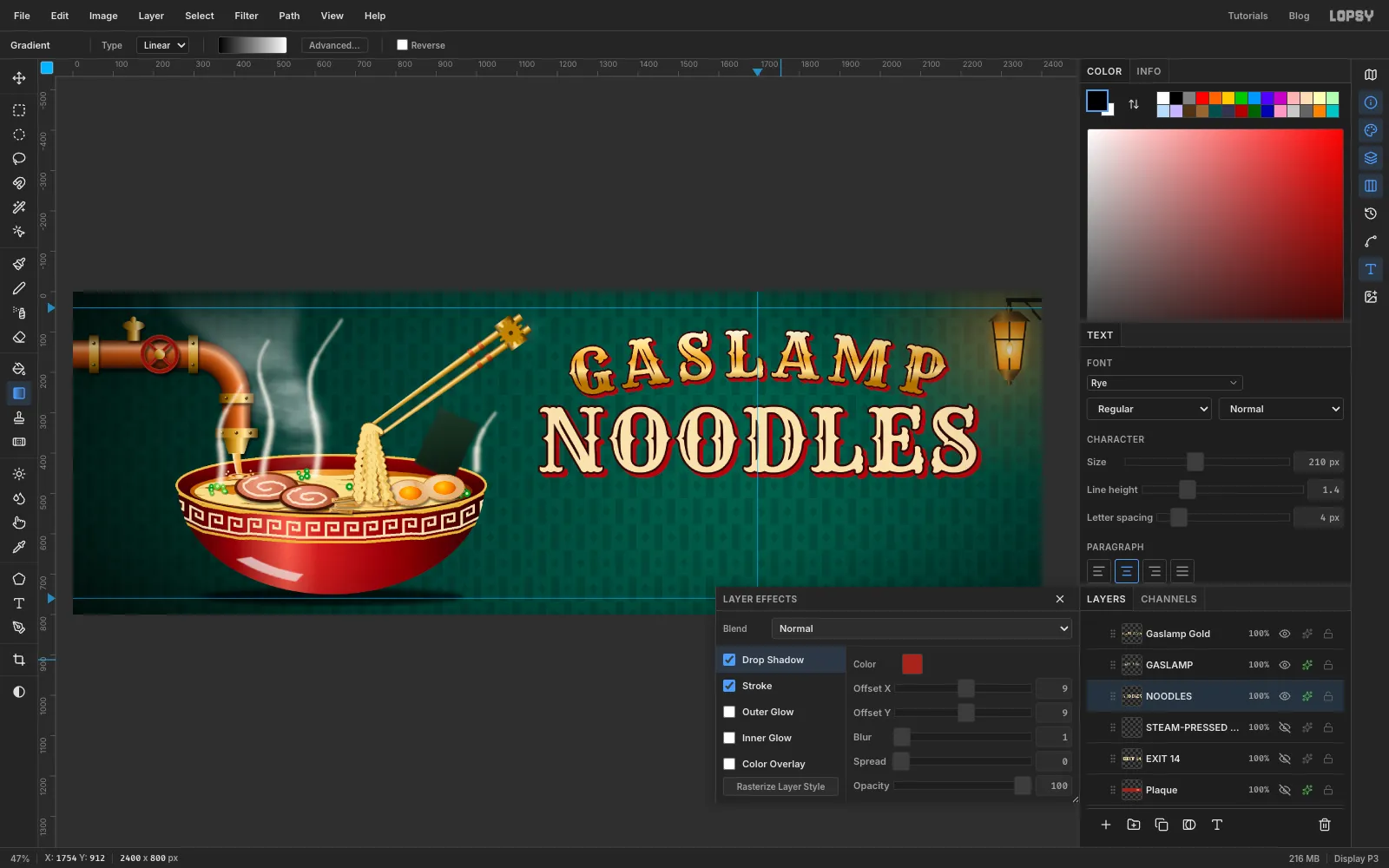 NOODLES in big cream Rye letters with a dark outline and a hard red offset shadow, with the Layer effects drawer showing the Drop Shadow settings