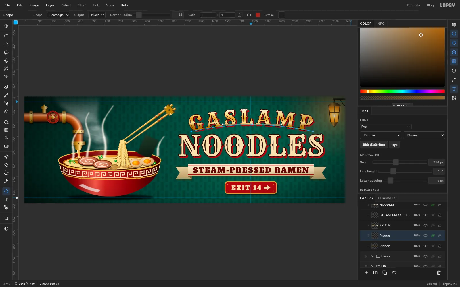 A cream ribbon banner with folded tails carrying STEAM-PRESSED RAMEN in dark red slab capitals, above a red enamel plaque with brass edge and rivets reading EXIT 14 with an arrow