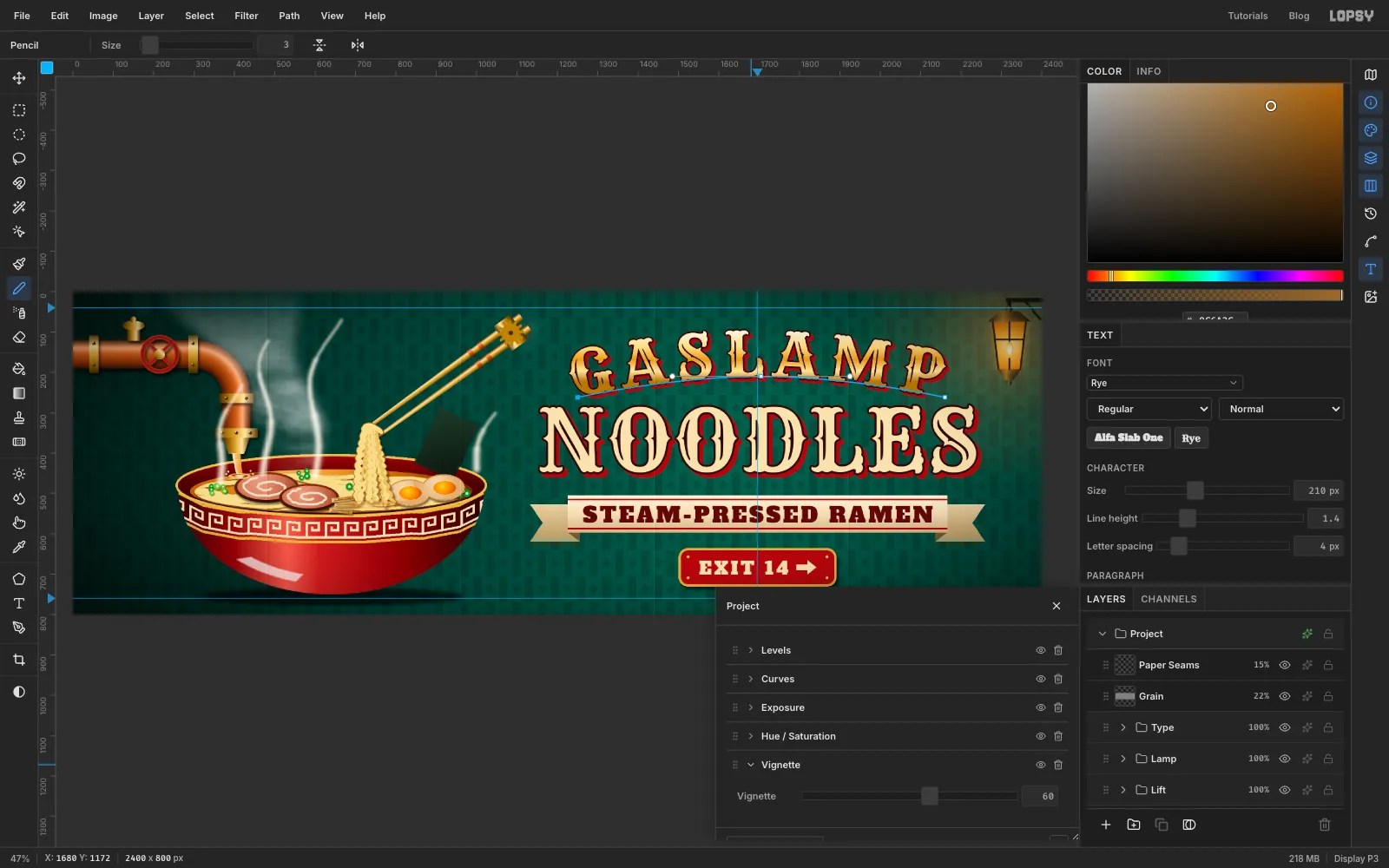 The Layer effects drawer for the Project group with the Vignette adjustment expanded and set to 60, over the finished billboard
