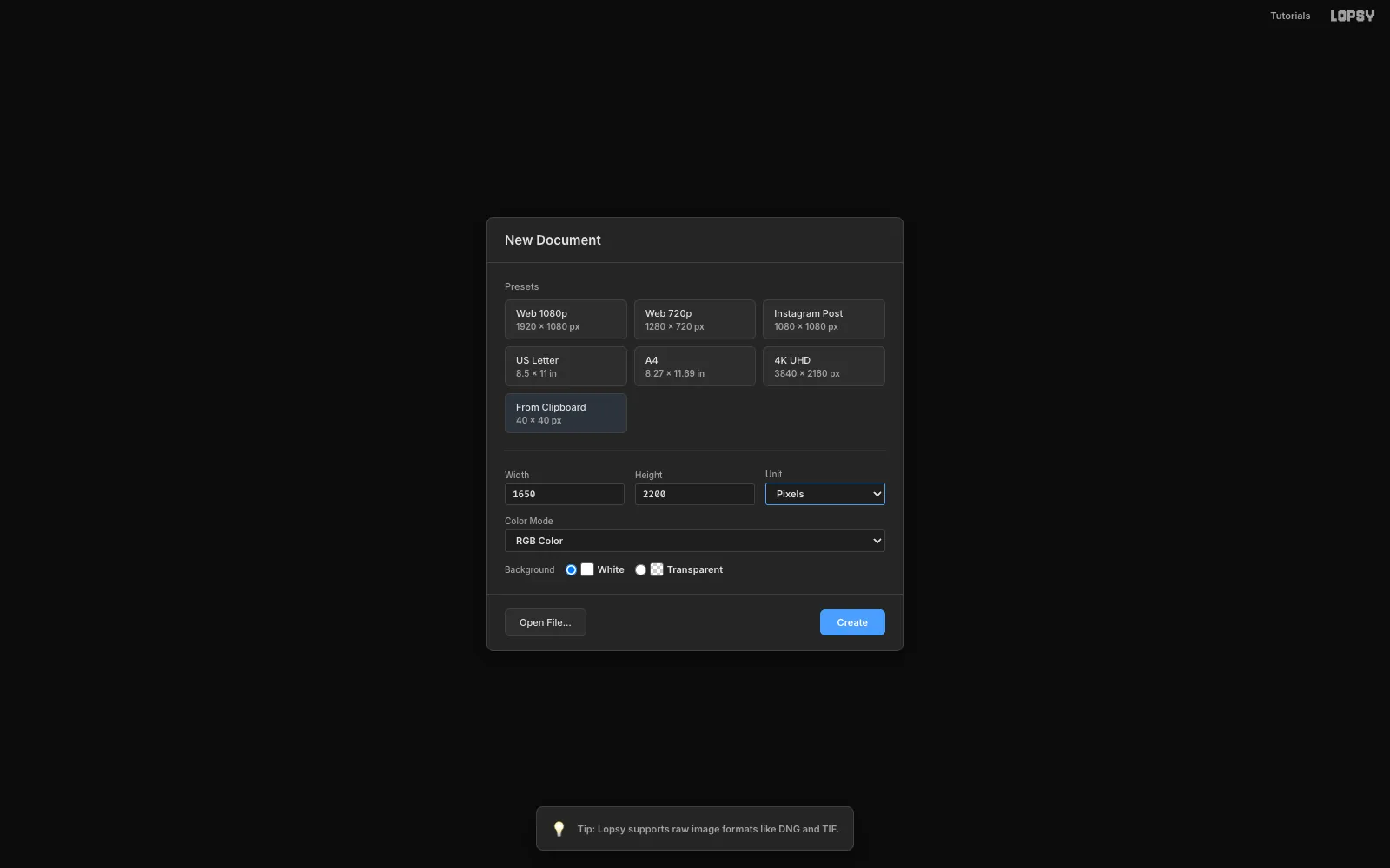 The New Document dialog with Width 1650 and Height 2200 pixels and a White background