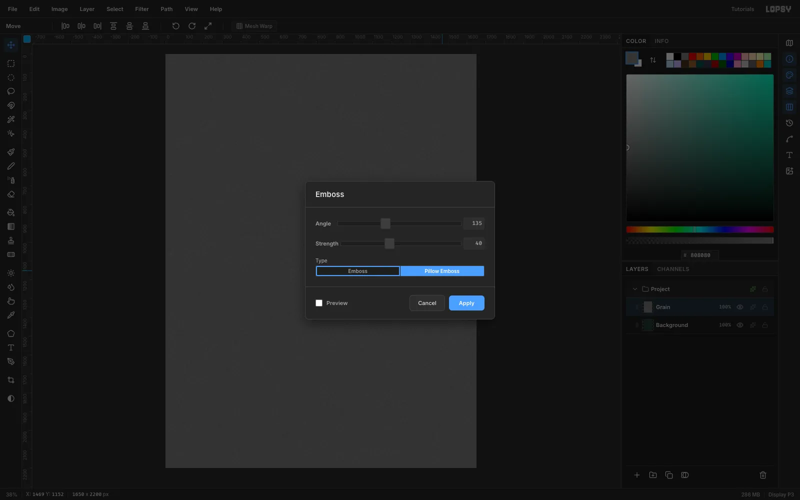 The Emboss filter dialog set to Pillow Emboss with Angle 135 and Strength 40 over a grey noise layer