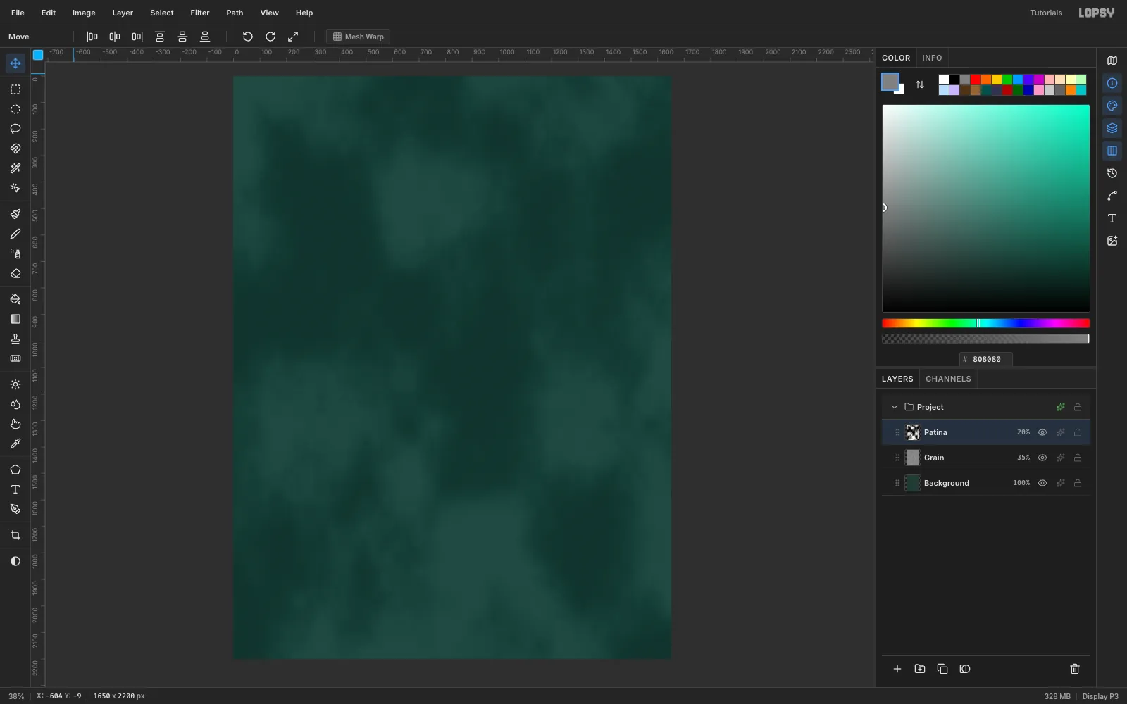 A Patina layer of large soft clouds laid over the green sheet in Soft Light