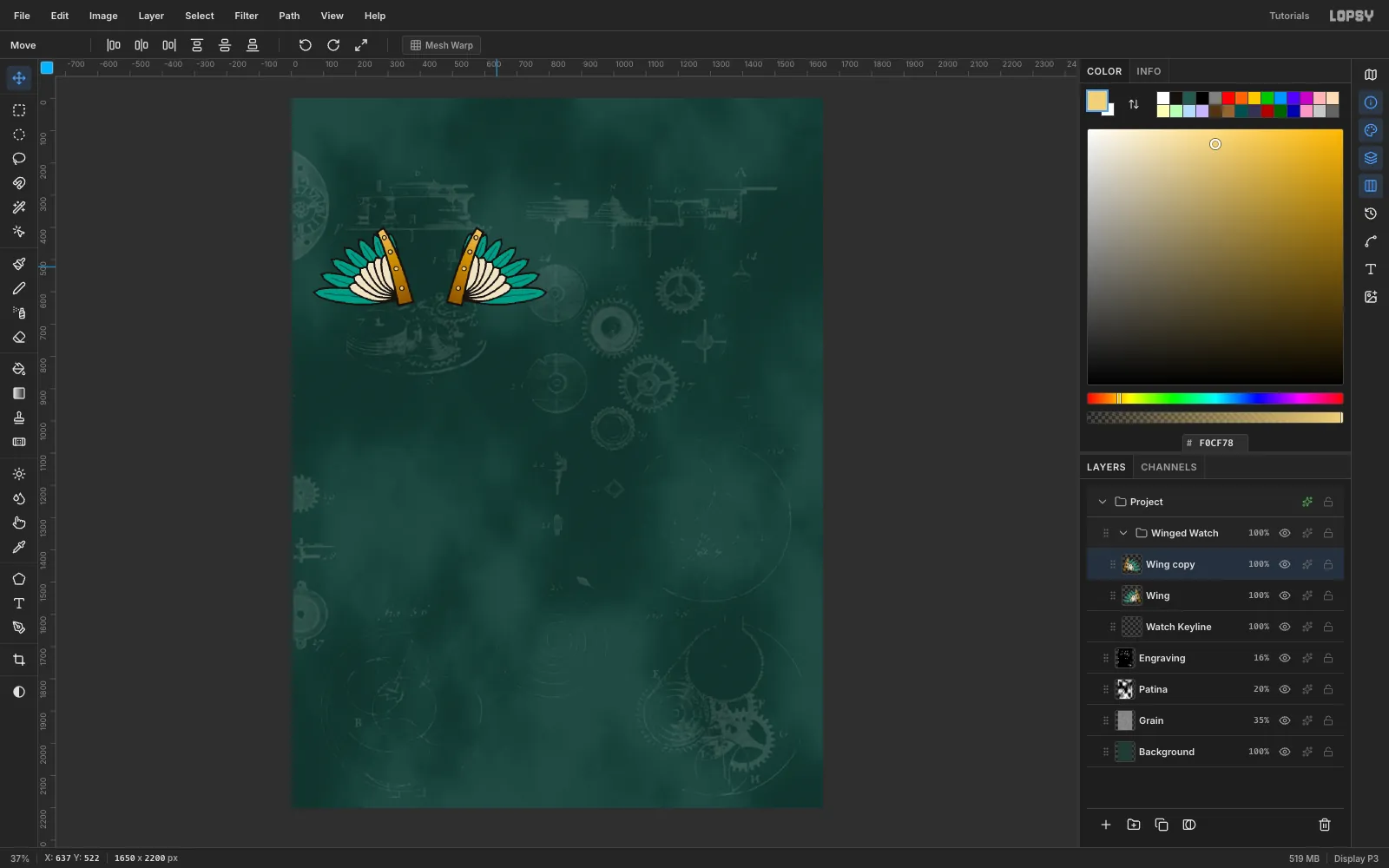The left wing duplicated, flipped with Image then Flip Horizontal, and moved to mirror the right side