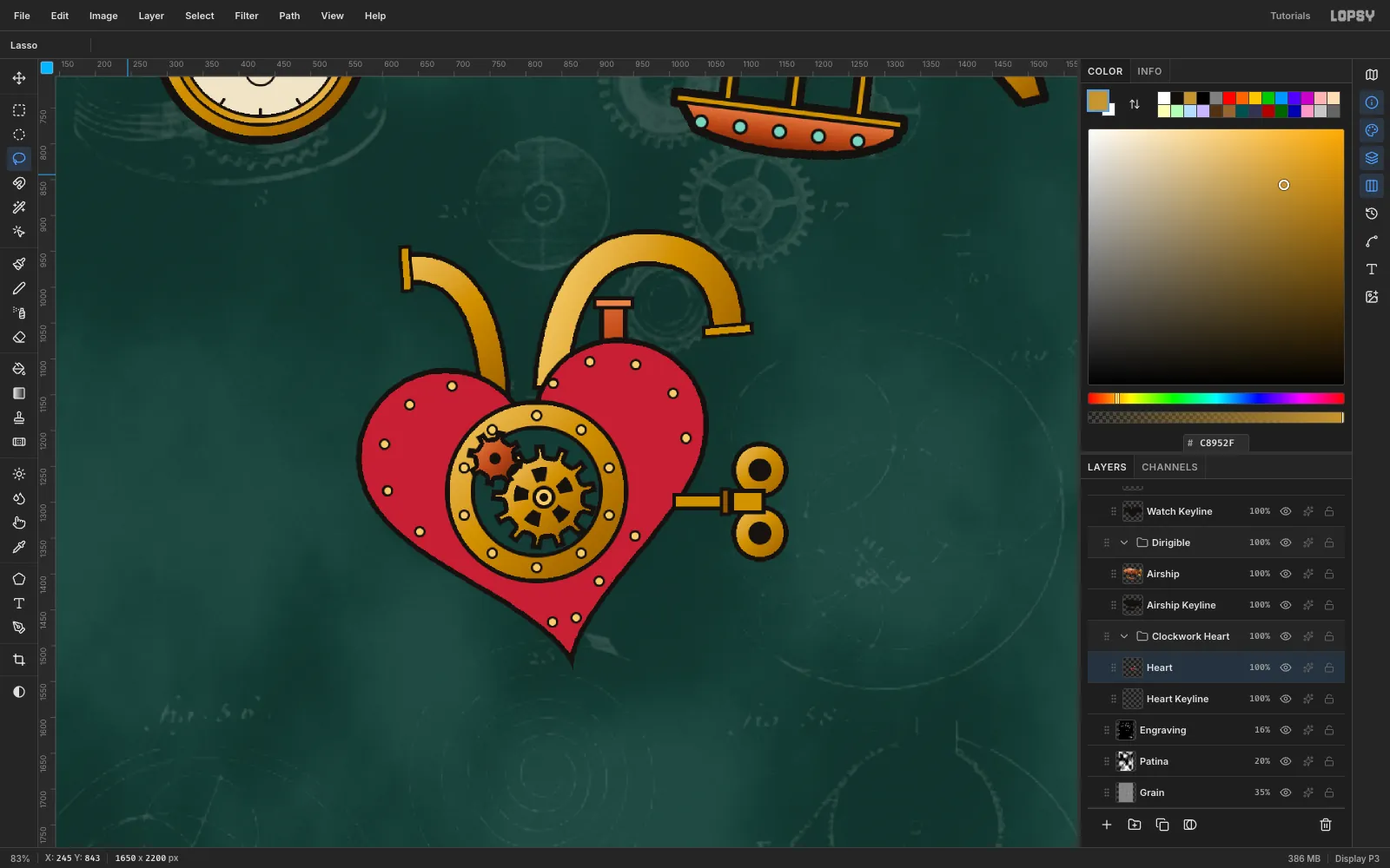 A red heart with brass aorta pipes, a copper valve, a riveted porthole showing a brass gear, and a wind-up key