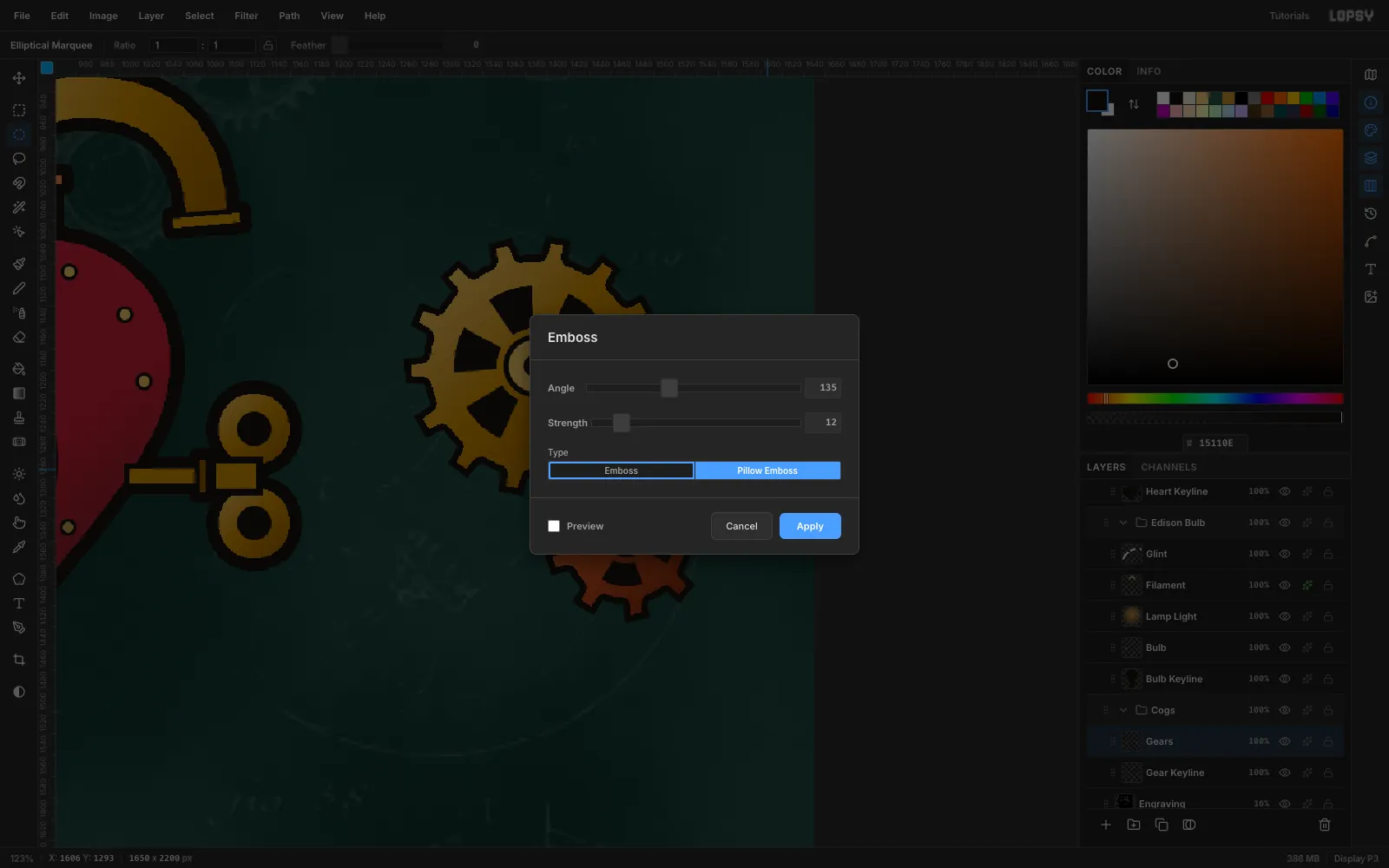 The Emboss dialog set to Pillow Emboss at Strength 12 over a brass gear and a copper gear