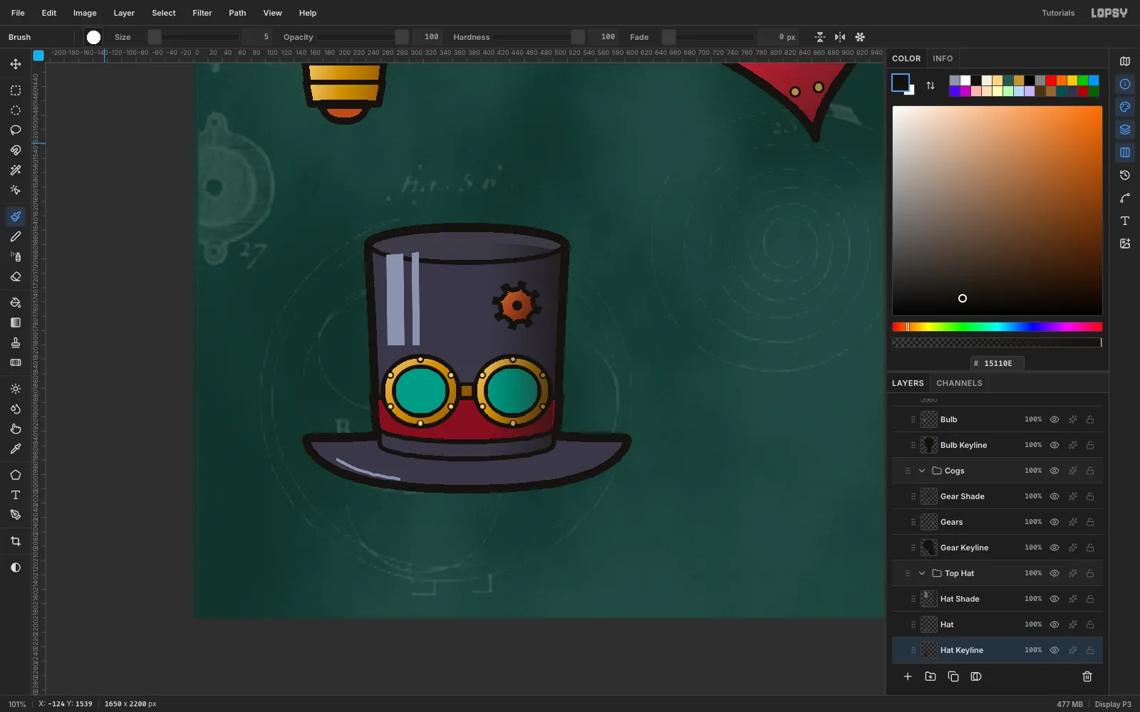 A dark silk top hat with an oxblood band, brass goggles with teal lenses pushed up on the band, a copper cog pin and pale blue sheen stripes