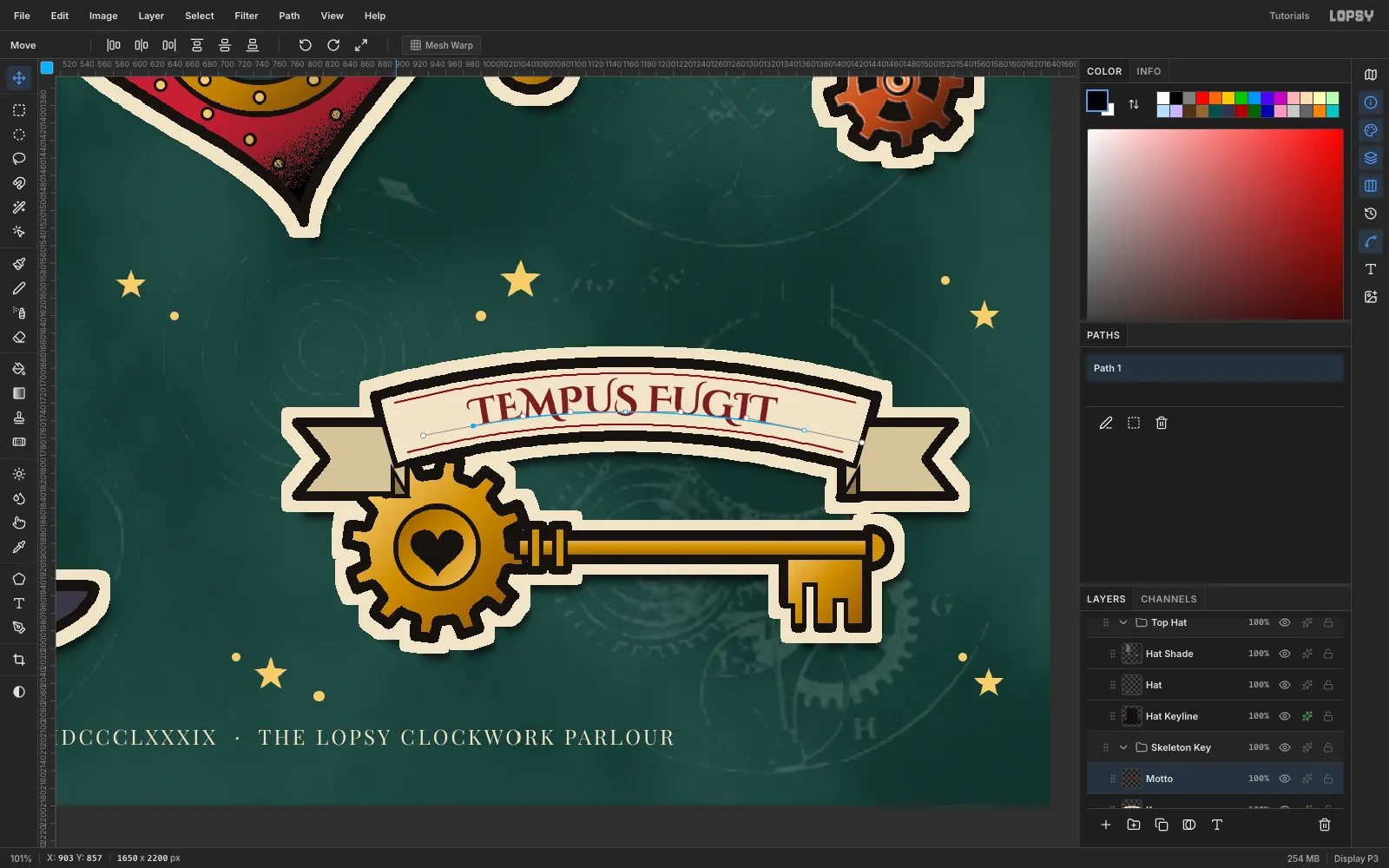 TEMPUS FUGIT in Cinzel Decorative following a pen path arc across the cream banner