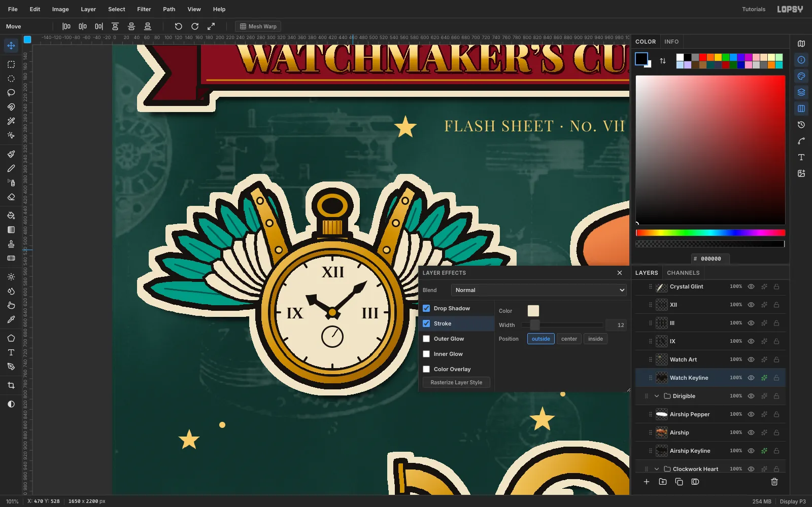 The Layer Effects drawer on Watch Keyline with a cream Stroke set to outside, and cream halos around the watch and airship