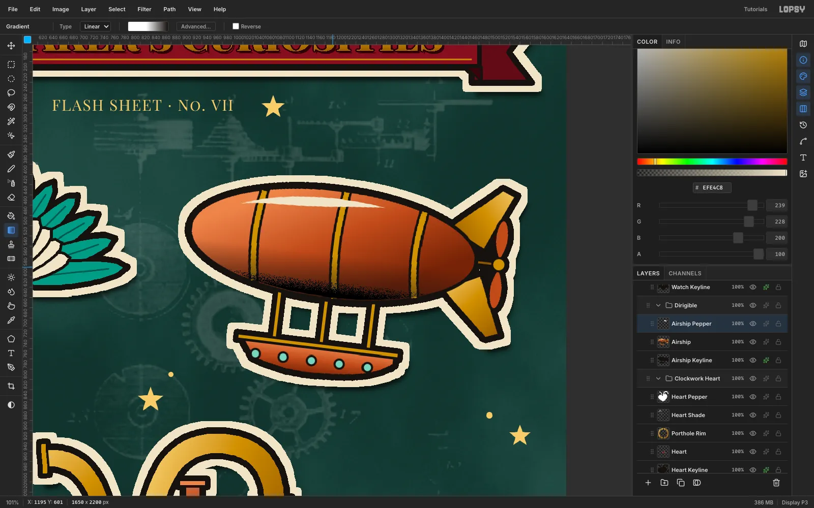 Black pepper stippling fading up the airship's belly