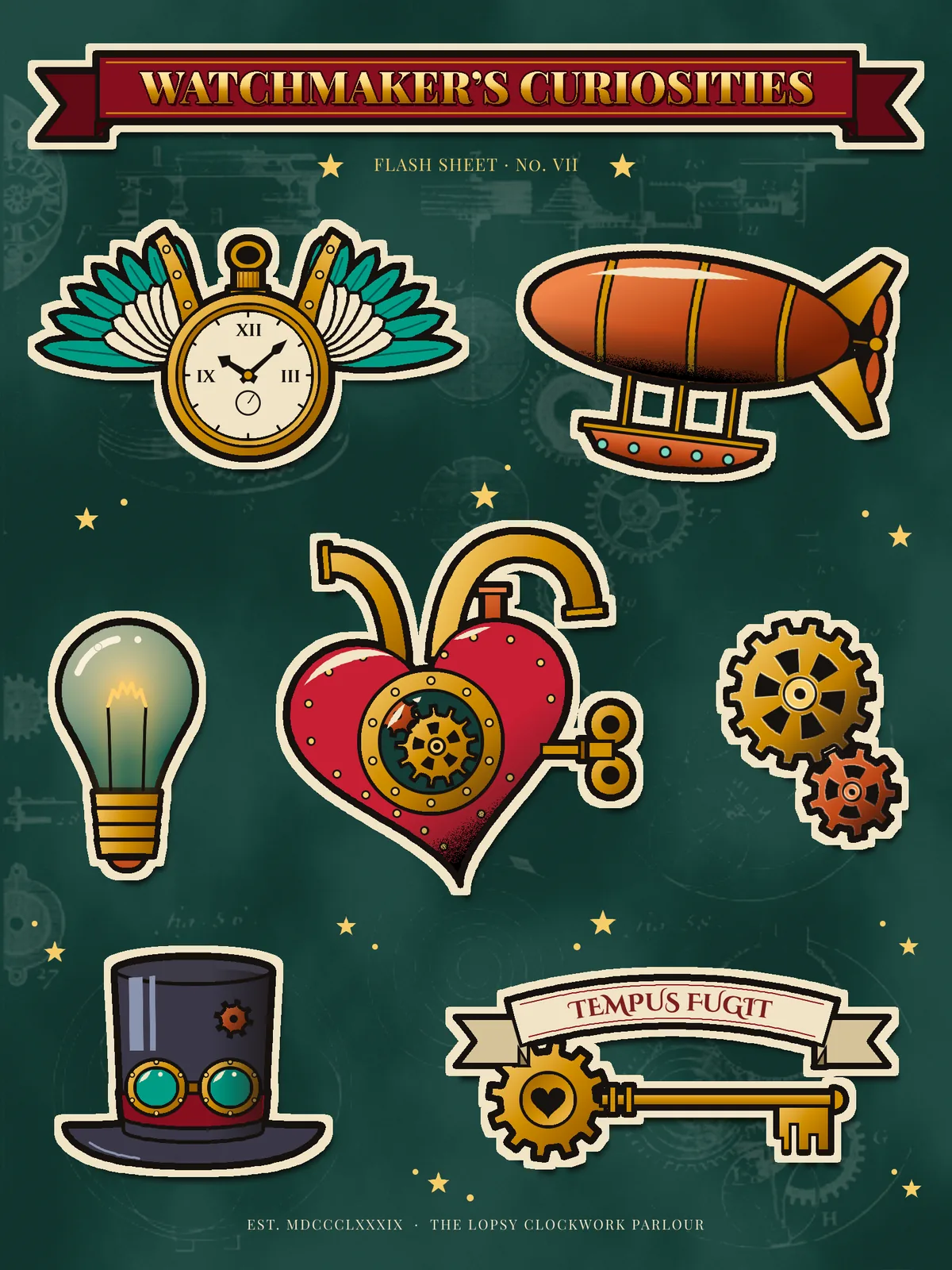The finished WATCHMAKER'S CURIOSITIES tattoo flash sheet on mottled verdigris paper with a faint ghost of an 18th-century watch-parts engraving. A gilt title sits in an oxblood ribbon above "Flash Sheet · No. VII" between two gold stars. Across the top are a brass pocket watch with teal and cream wings and a copper airship with brass struts. The middle row has an Edison bulb with a glowing filament, a red riveted clockwork heart with a brass porthole, brass pipes and a wind-up key, and a pair of meshing brass and copper cogs. The bottom row has a top hat with brass goggles on an oxblood band, and a gear-bowed skeleton key under a cream banner reading TEMPUS FUGIT. Every design has a black keyline, a cream sticker halo and a soft drop shadow.