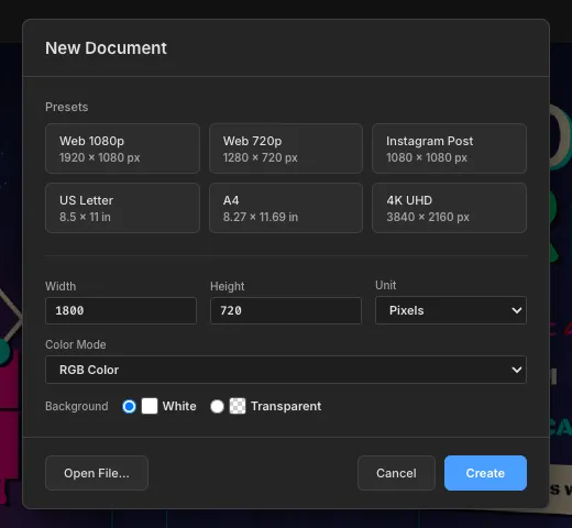 The New Document dialog with Width 1800, Height 720, Pixels and a White background selected