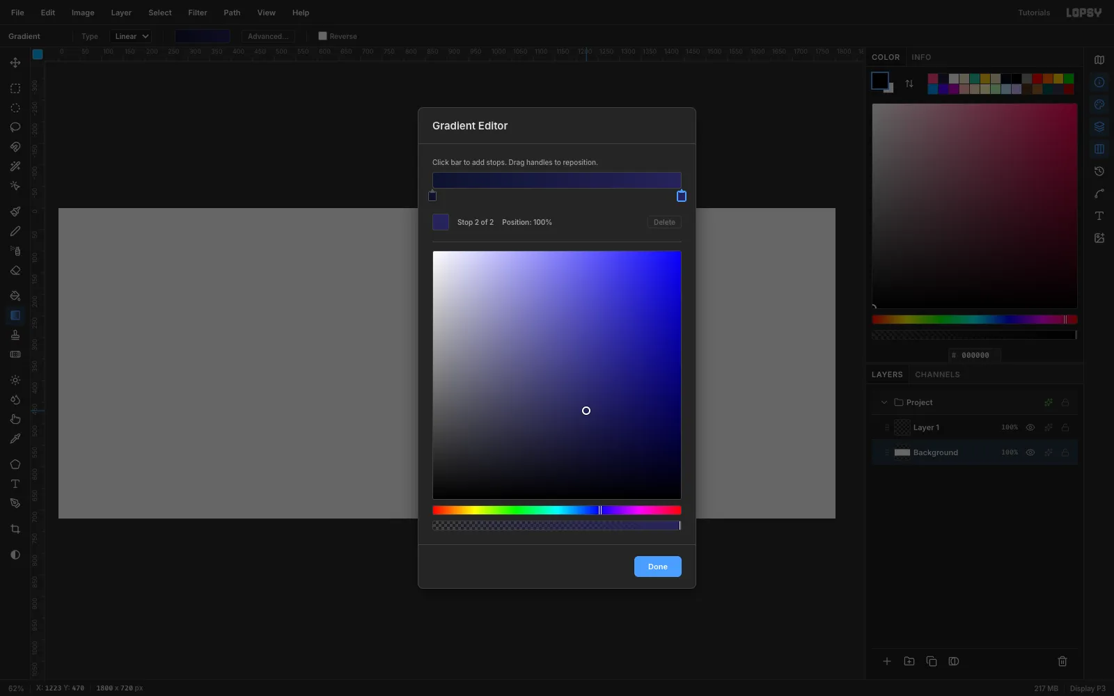 The Gradient Editor with a deep navy first stop picked in the color square