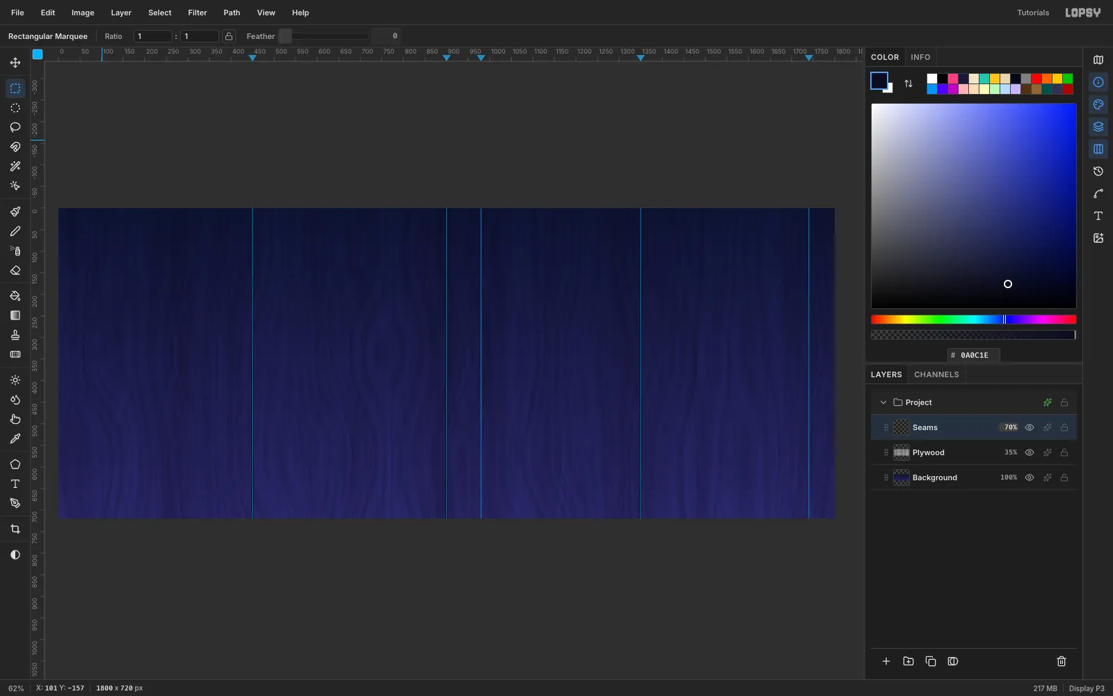 Five blue guides over the wood-grain sky, with dark seams between four plywood sheets