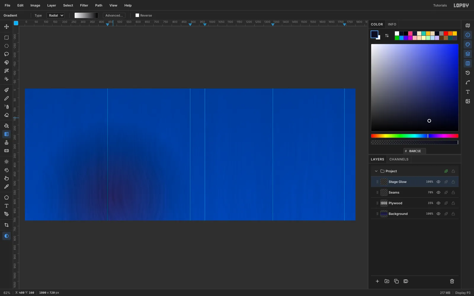 Quick Mask mode tinting the canvas blue, with a lighter radial patch low on the left where the selection will be