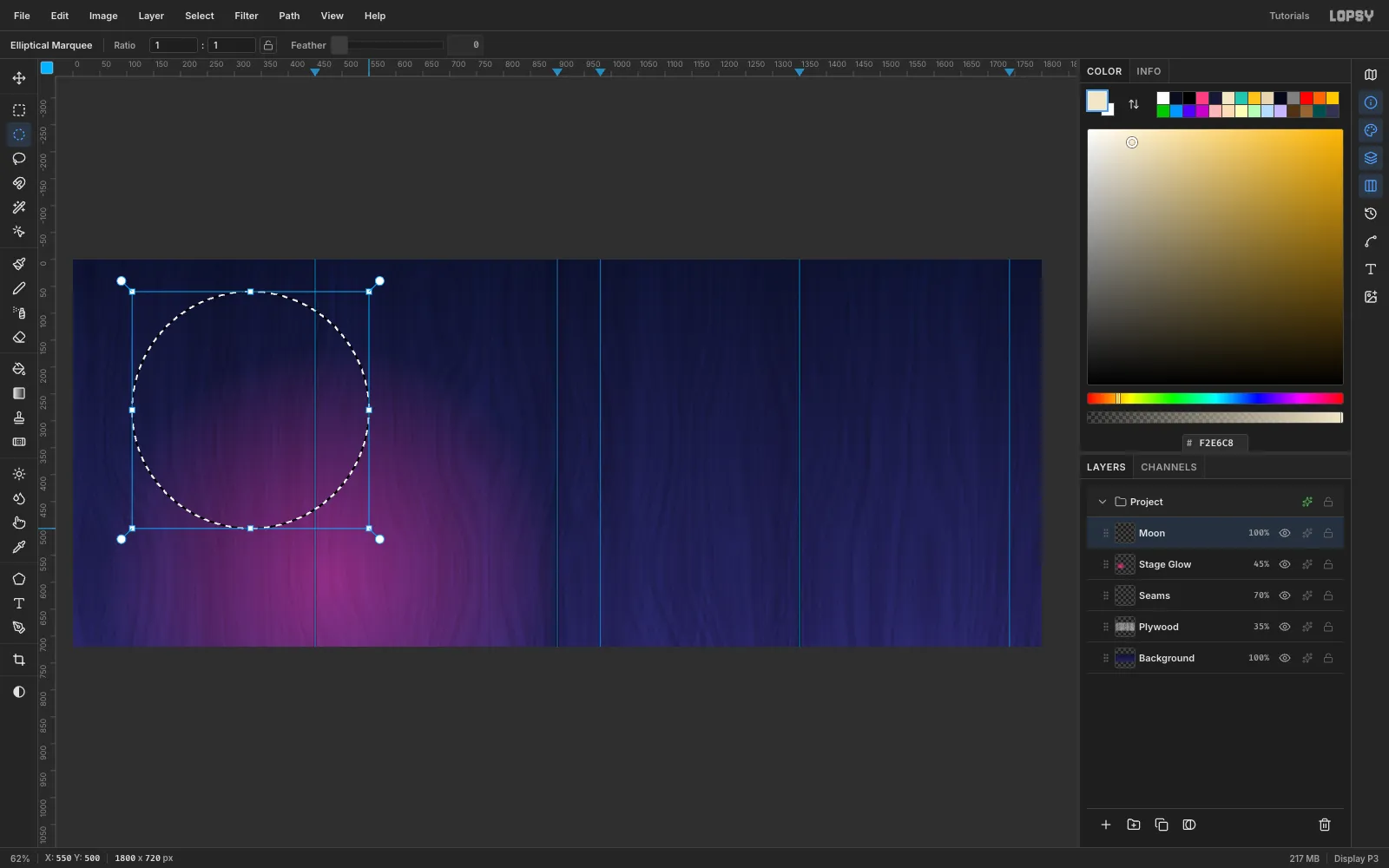A 440 pixel elliptical marquee on the left side of the canvas