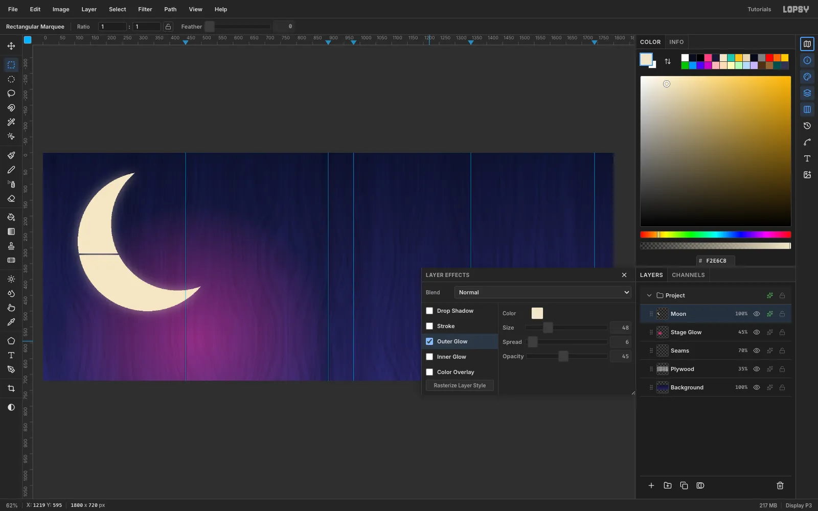 The Layer Effects drawer with Outer Glow enabled: cream color, Size 48, Spread 6, Opacity 45
