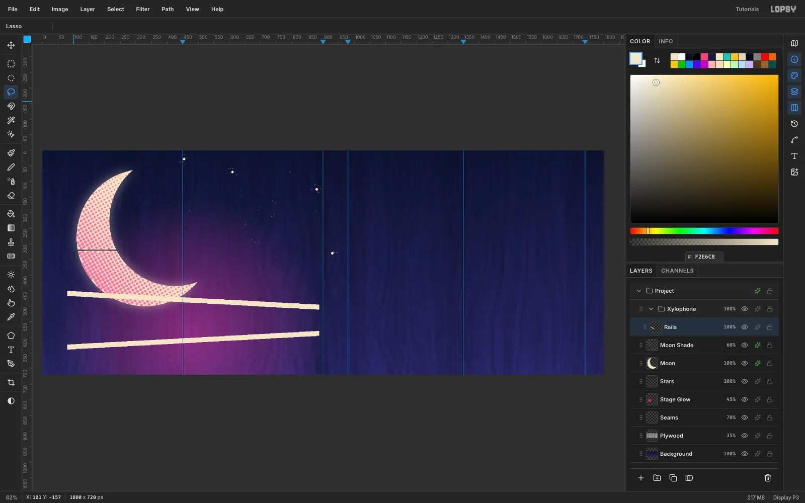 Two long cream rails sloping gently across the lower left of the canvas