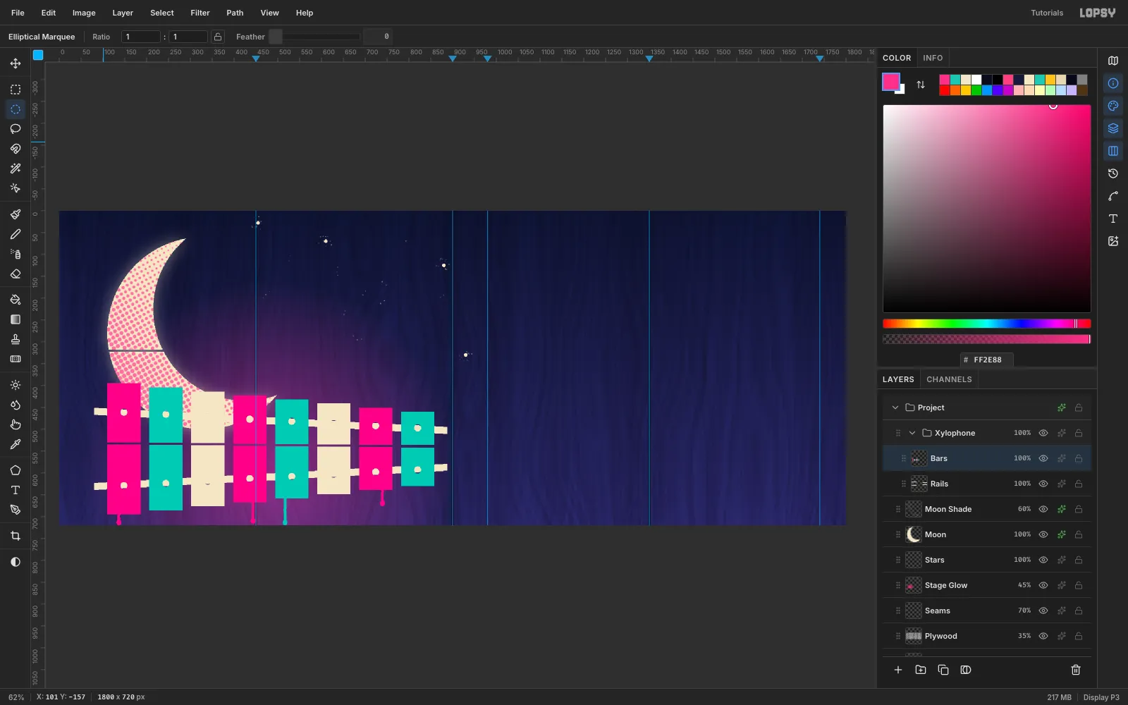 Thin pink and teal paint drips with round beads running down from four of the bars