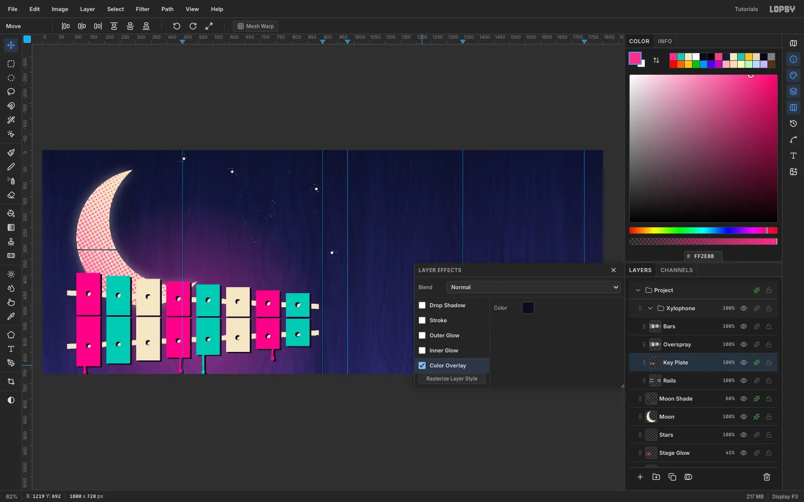 The Layer Effects drawer with Color Overlay set to near-black on the Key Plate layer, showing a dark offset copy behind the bars