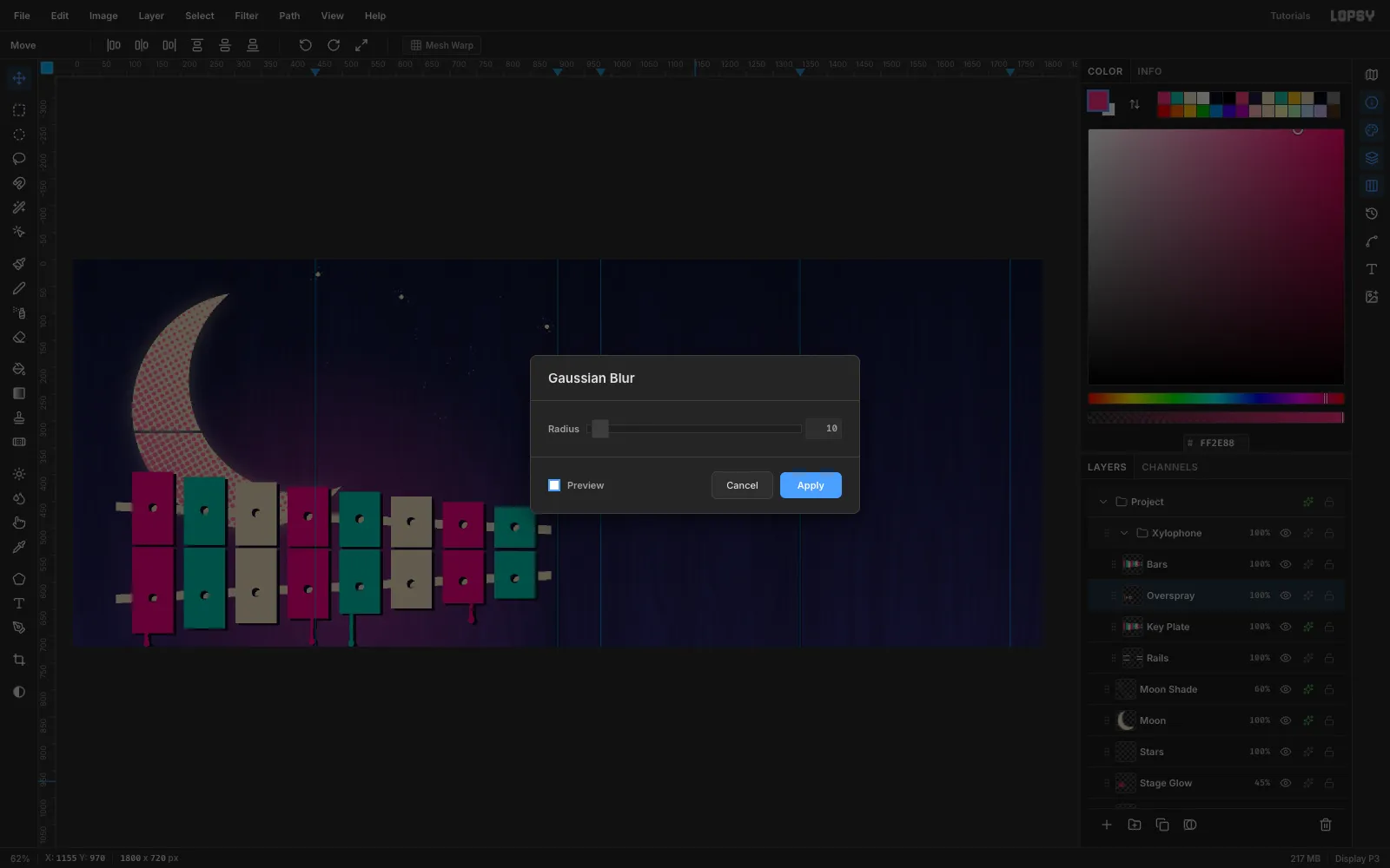 The Gaussian Blur dialog at Radius 10 over the bar layers