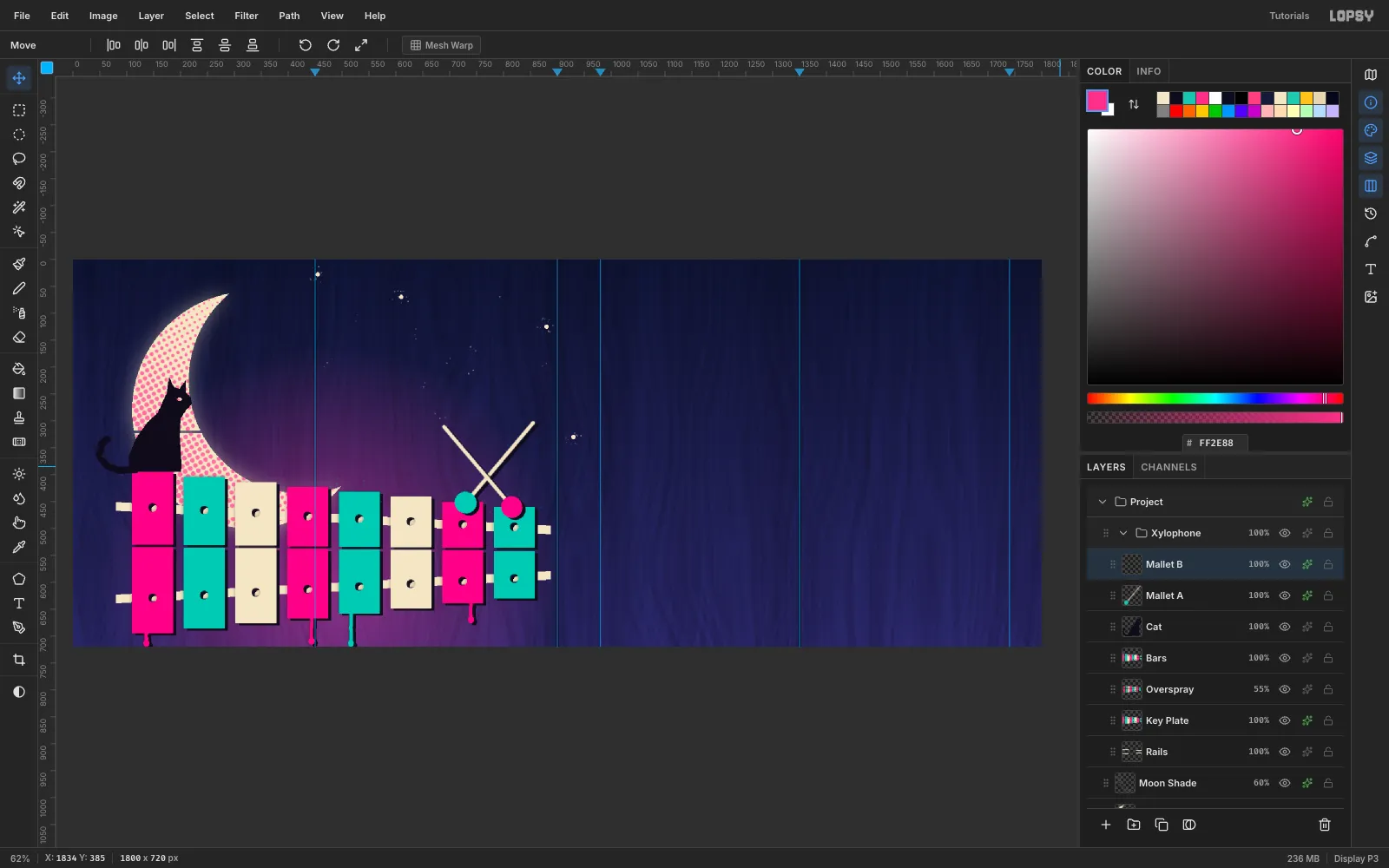Two thin mallets crossed in an X, their teal and pink heads resting on the last two bars