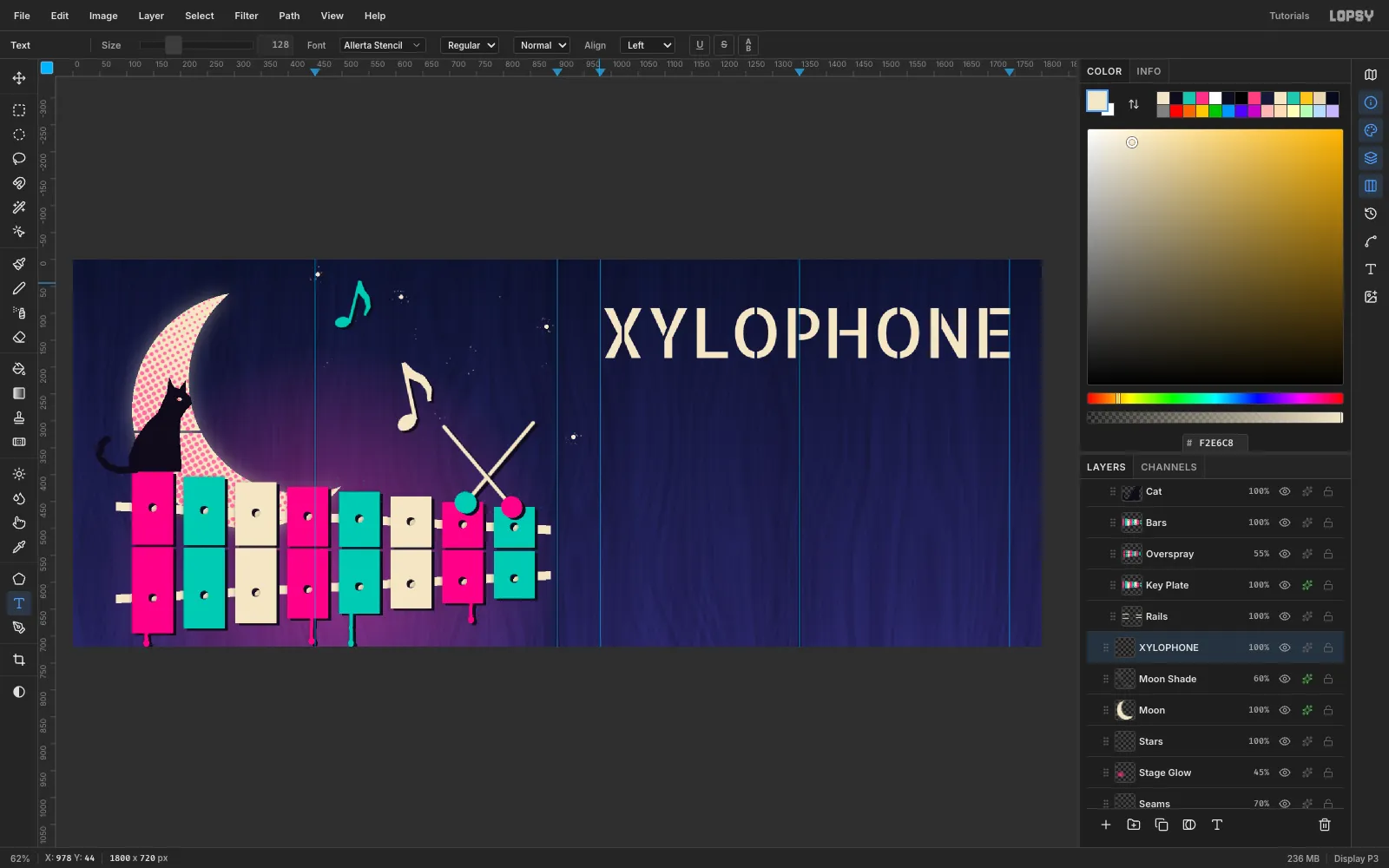 The word XYLOPHONE in cream Allerta Stencil across the top right