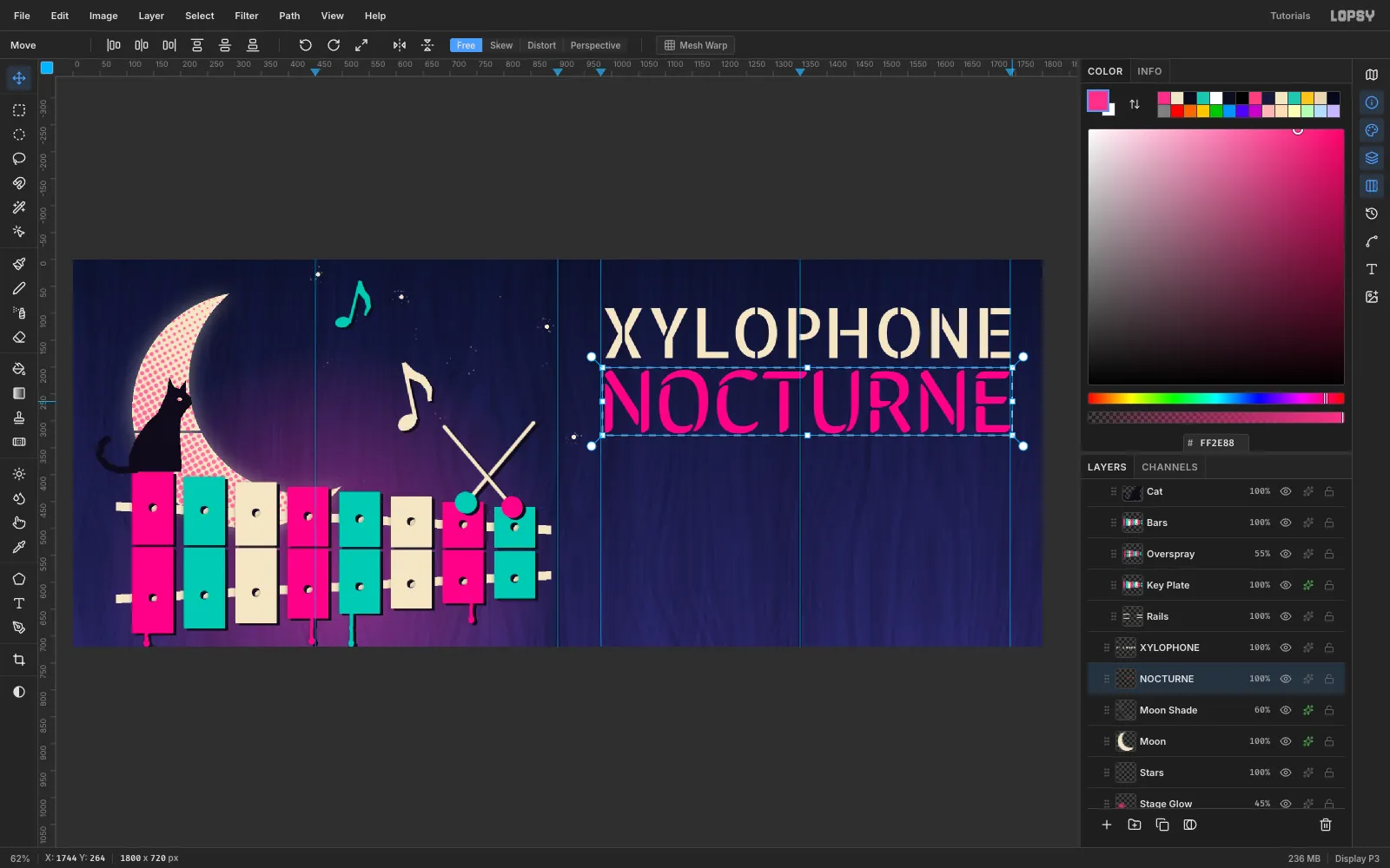 NOCTURNE in pink Sirin Stencil directly under XYLOPHONE, inside a transform box being stretched to the right guide