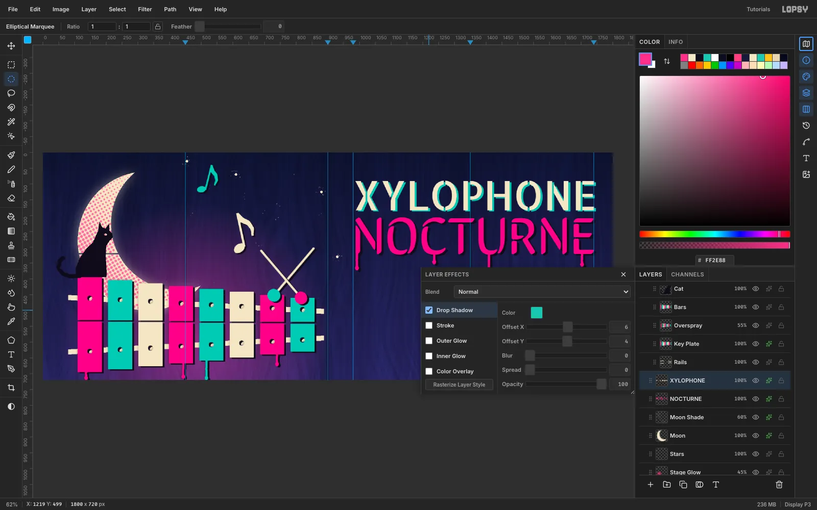 The Layer Effects drawer with a teal Drop Shadow at offset 6 and 4 on XYLOPHONE, and NOCTURNE carrying a black offset