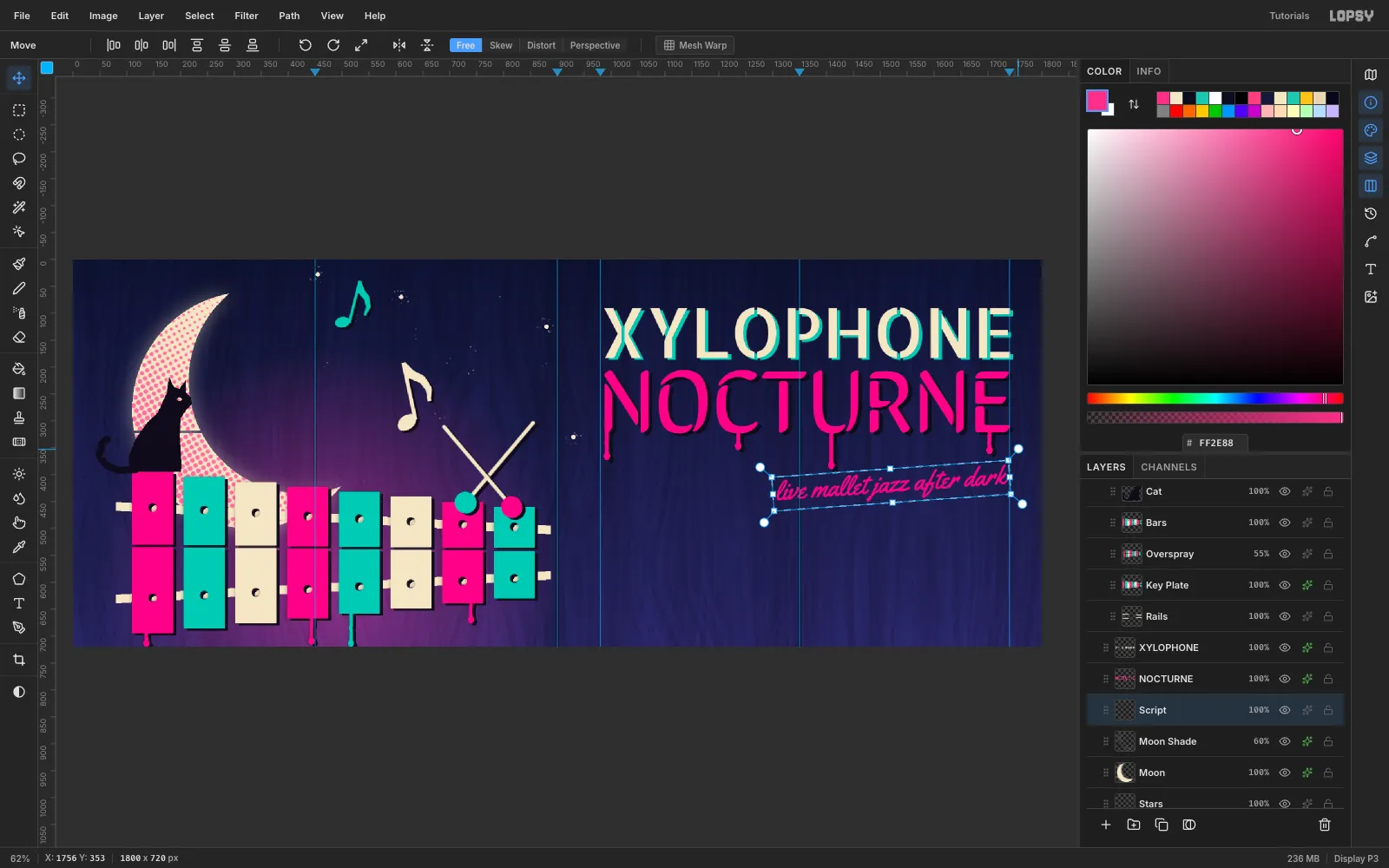 The pink script line "live mallet jazz after dark" inside a rotated transform box under NOCTURNE