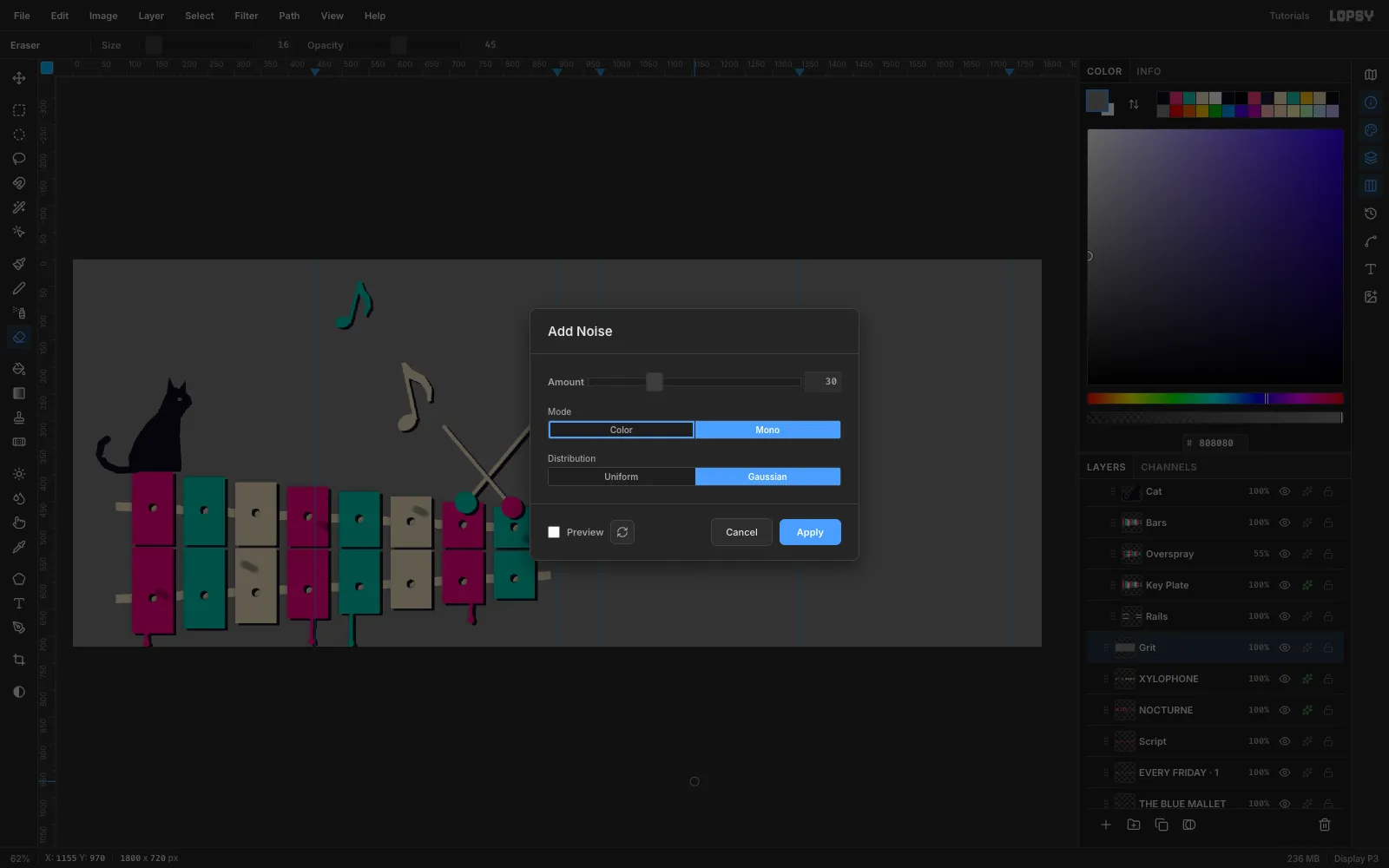 The Add Noise dialog with Amount 30, Mono and Gaussian over a grey layer