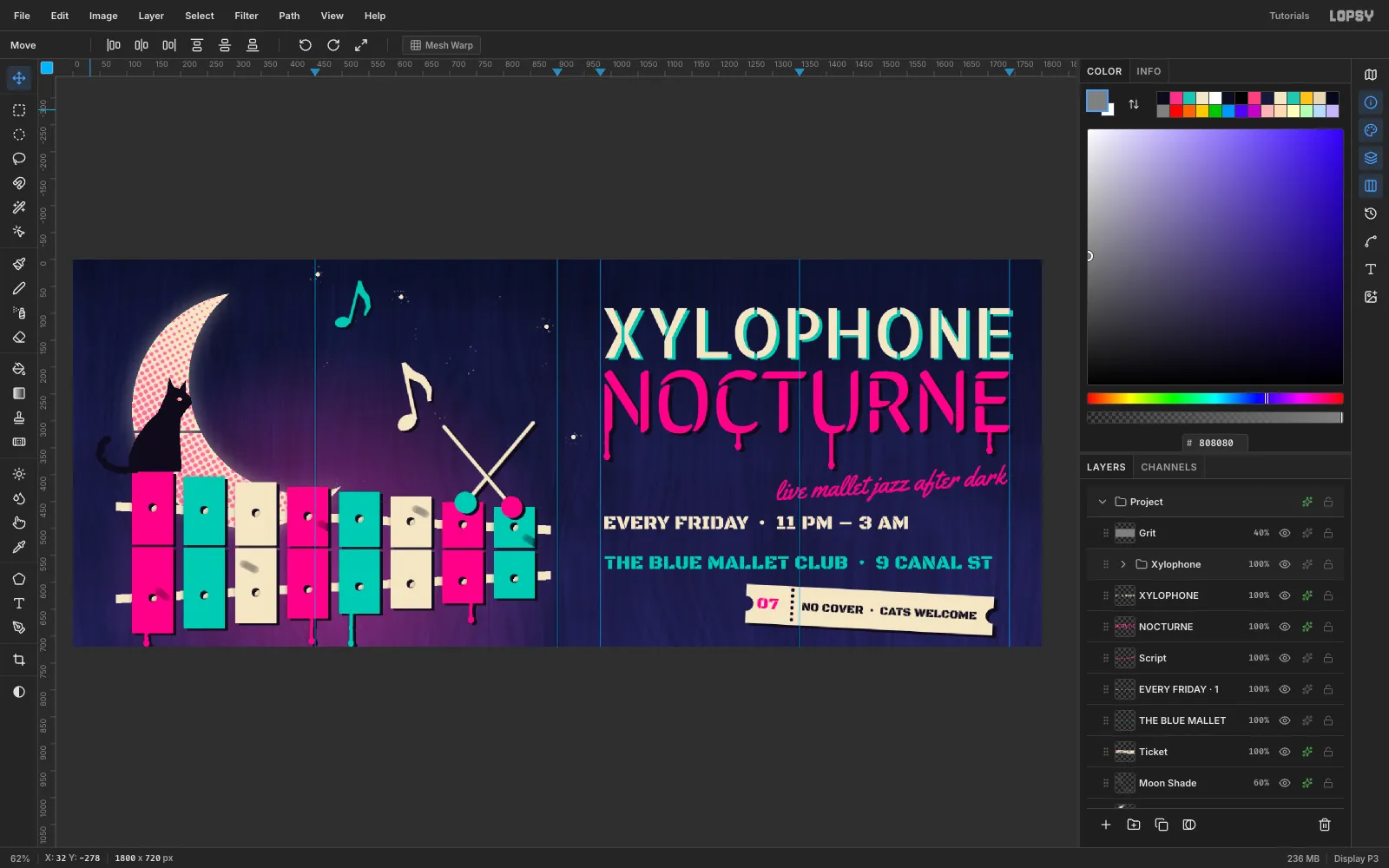 The finished Xylophone Nocturne billboard in Lopsy with all layers in the Layers panel