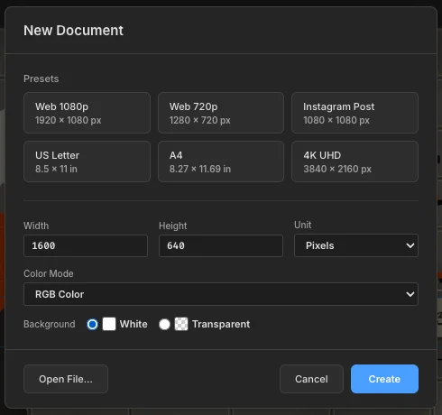 The New Document dialog with Width 1600, Height 640 and a White background selected