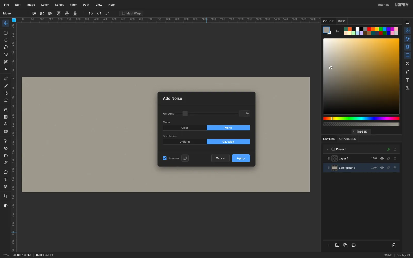 The Add Noise dialog set to Amount 14, Mono and Gaussian over a warm grey canvas